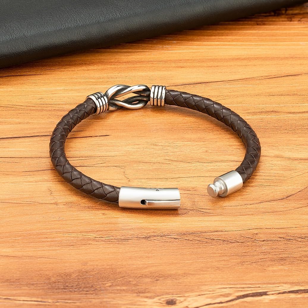 Udefw Infinity Bracelet for Men & Women,，Men's Braided Leather Bracelet - Vintage Silver Twist Knot Design, Stainless Steel Clasp Wristband for Daily Wear & Gifting