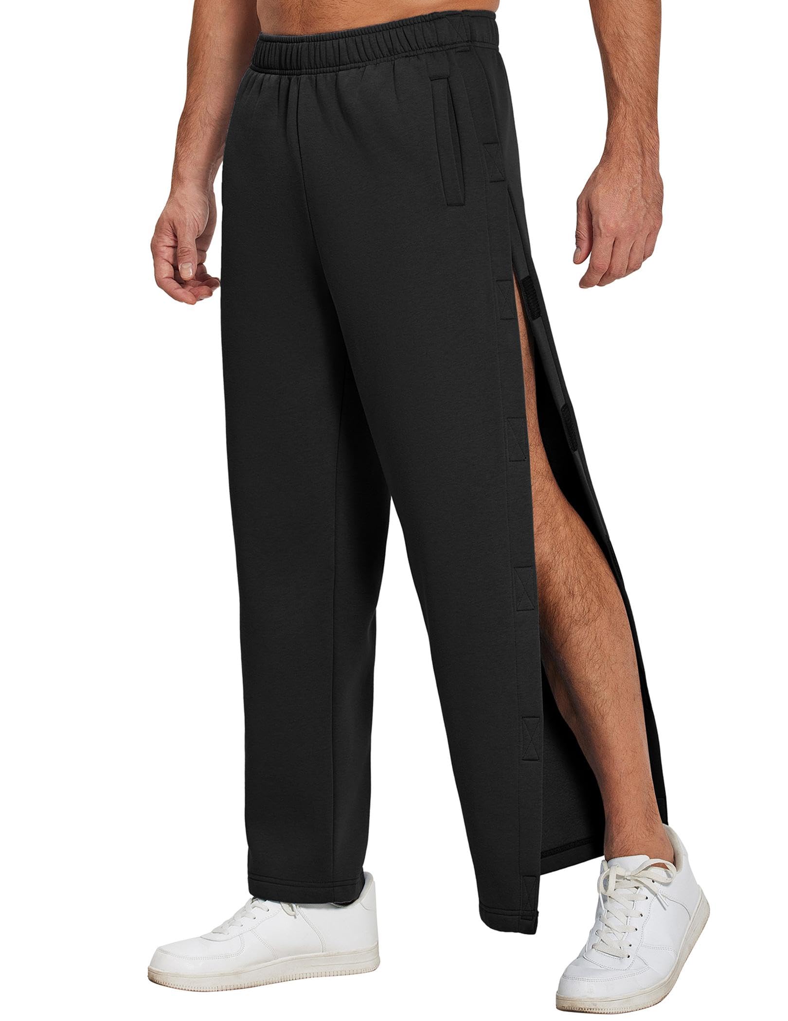 Deyeek Mens Fleece Tear Away Pants Loose Fit Post Knee Replacement Surgery Pants Breakaway Sweatpants Side Snap with