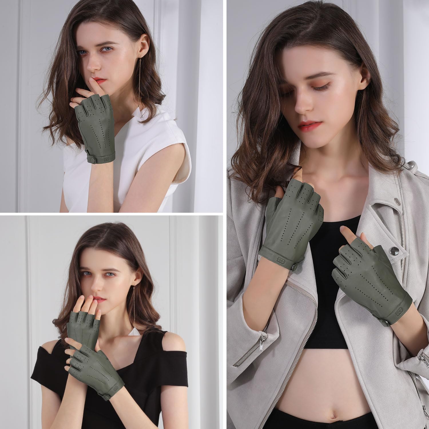 GSG SINCE 1998 Guanti Pelle Donna Senza Dita – Pelle di Pecora, Senza Fodera, Mezza Dita per Guida, Ciclismo e Attività Outdoor, Verde XL