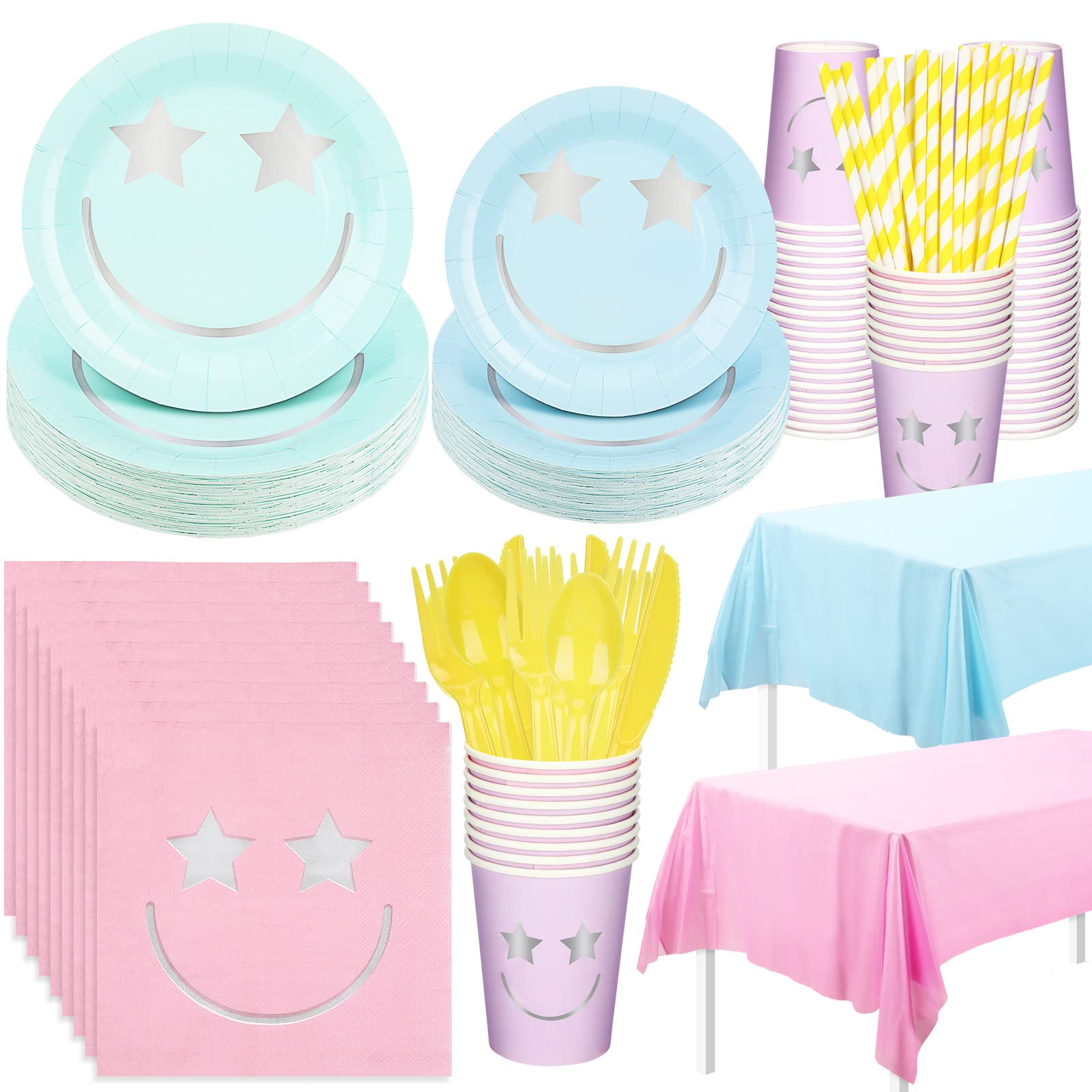 194 Pcs Preppy Smile Face Party Tableware Set Includes Kawaii Plates Preppy Cups Napkins Forks Knives Spoons Straws Tablecloths Party Supplies Serves 24 Guests for Girl Y2k Preppy Birthday Decorations