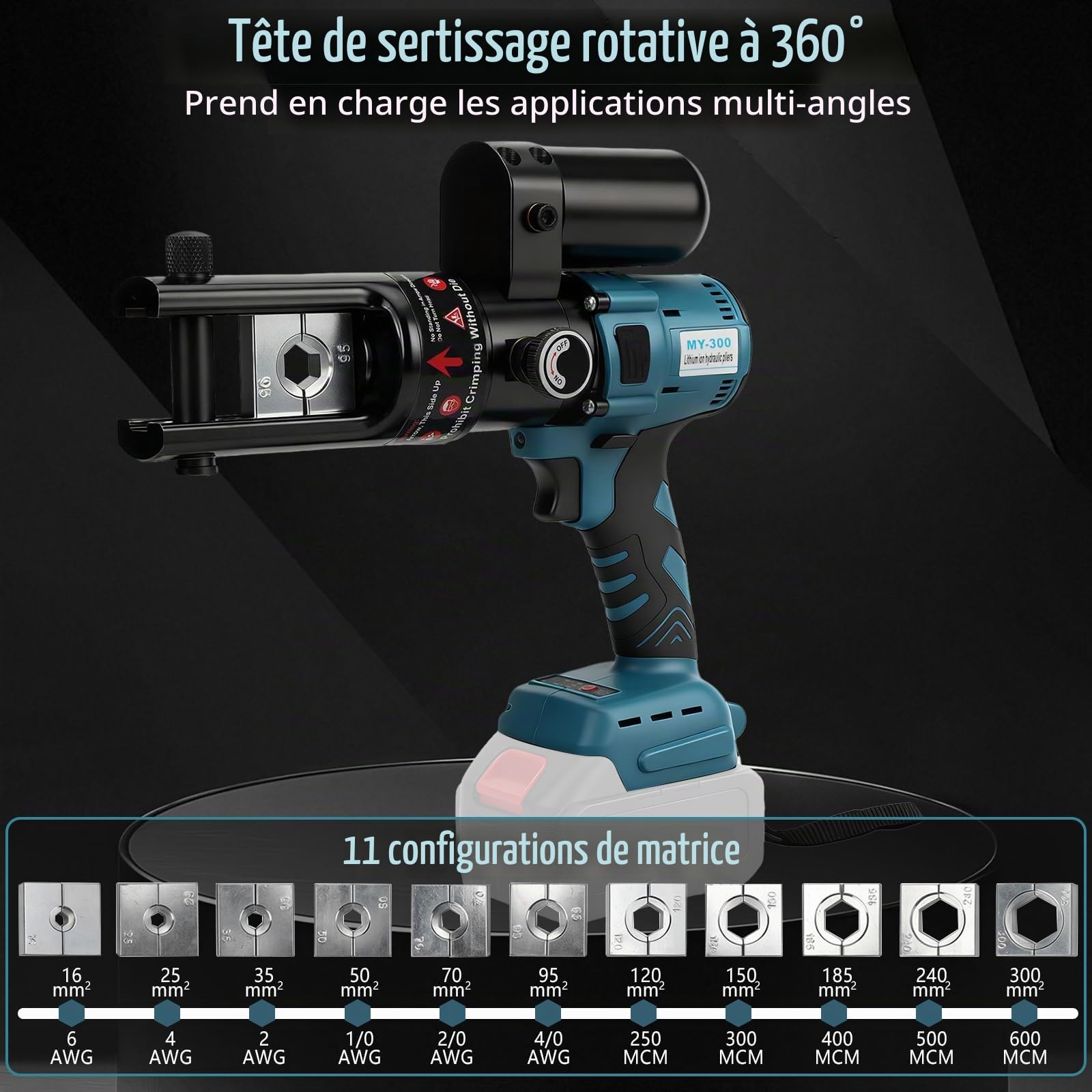 Pince à sertir hydraulique sans fil Compatible avec Makita 18V, 60 kN Pince à sertir électrique avec technologie de sertissage rapide, 16-300 mm², pour travaux électriques de câbles efficaces
