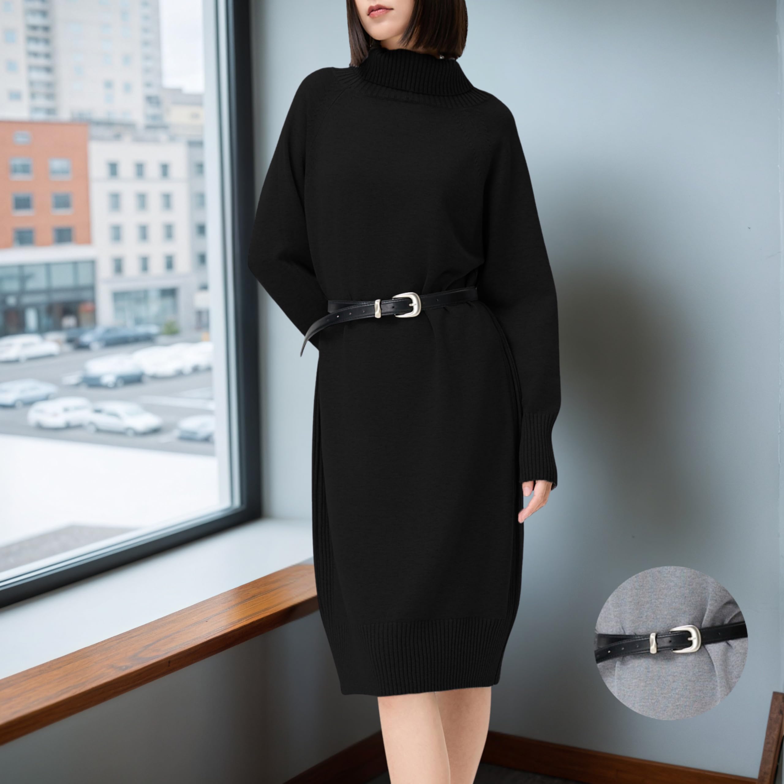 Robe pull pour femme col roulé d'hiver avec ceinture ou cordon | Robe en tricot douce à manches longues | Élégant décontracté | 5 couleurs | S/M - L/XL