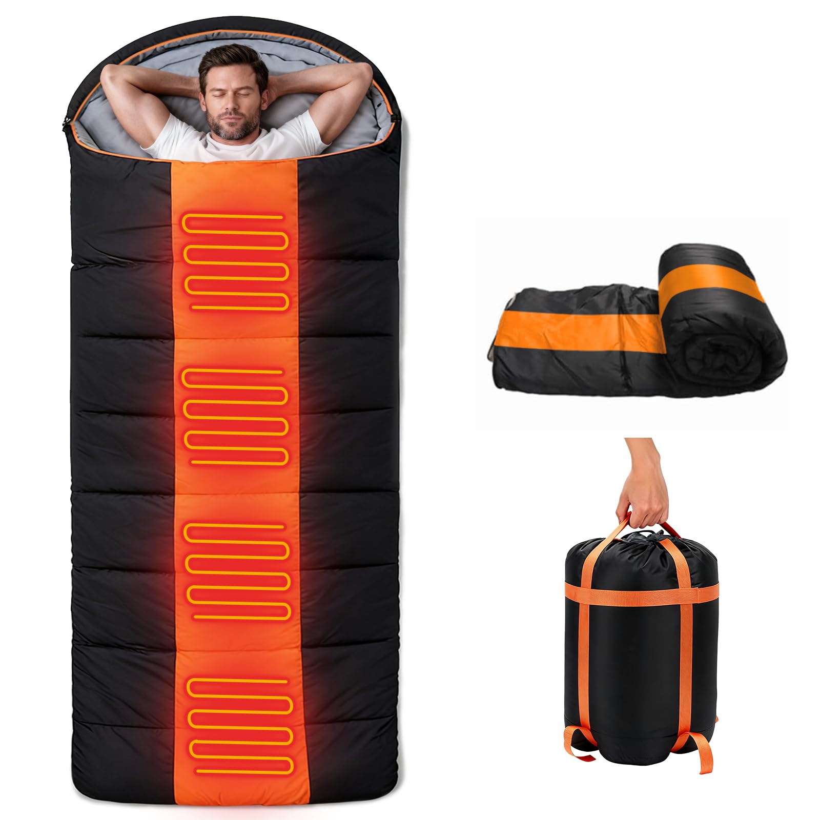 Sleeping Bags For Adults & Kids Heated Sleeping Bag 4 Season Sleeping Bag Water Resistant Lightweight Compact Bag Outdoor Camping Comfortable Sleeping Sackfor Kids Teens Adults Hiking Orange