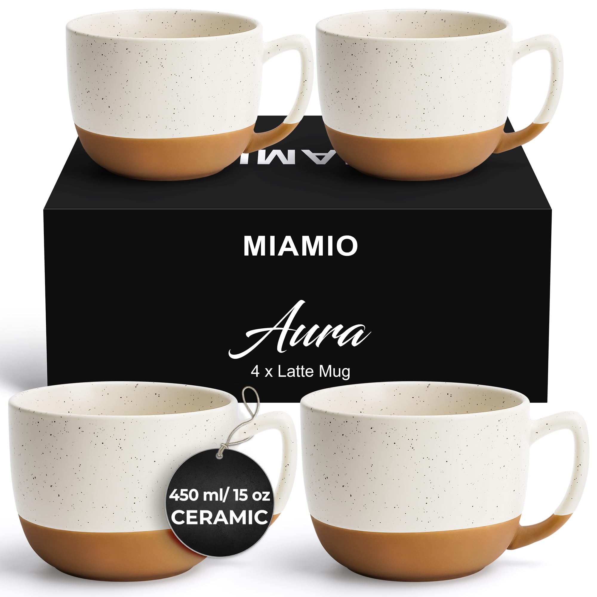 MIAMIO – 450 ml, Set of 4 Ceramic Latte Mug – Elegant Modern Coffee Mug Set for Cafe, Latte, Tea, Hot Cocoa - Drinks Dishwasher & Microwave Safe – Aura Collection (Creamy Cocoal, Mugs (4x))