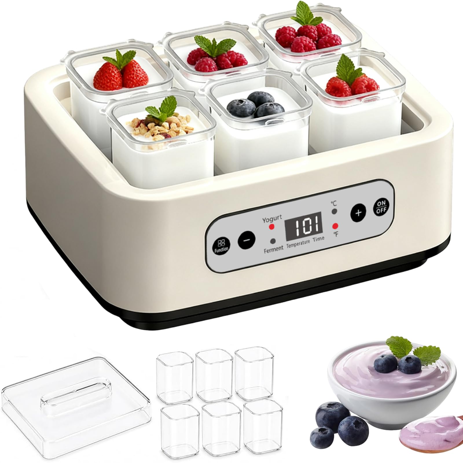 Yaourtière 1000 ml avec 6 pots en verre, machine à yaourt en acier inoxydable avec affichage LED, temps et température réglables sur 36 heures, pour dessert grec fait maison