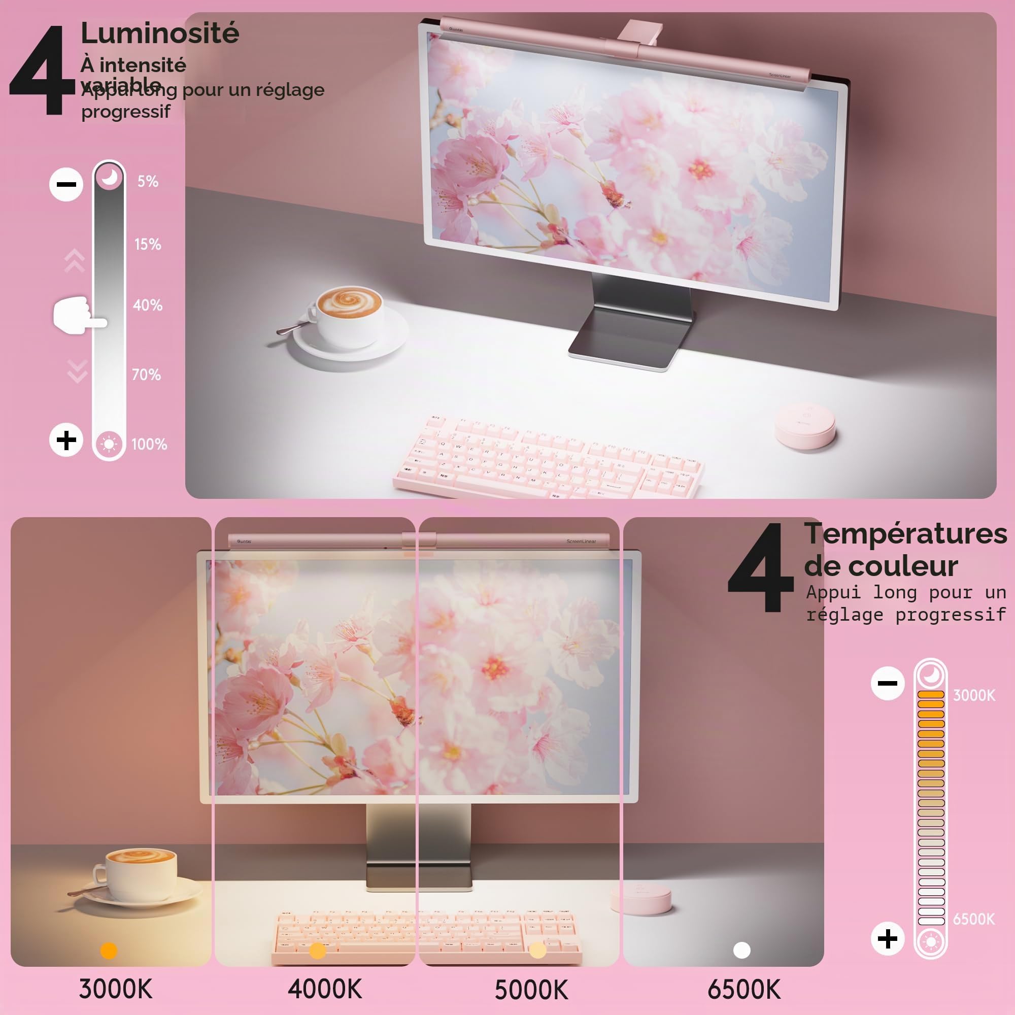 Quntis 51CM USB Lampe Ecran PC Télécommande Rose, 88+56 LED Bureau Gaming RGB Monitor Light Bar, Lumière Ambiante Réglable 15 Couleurs