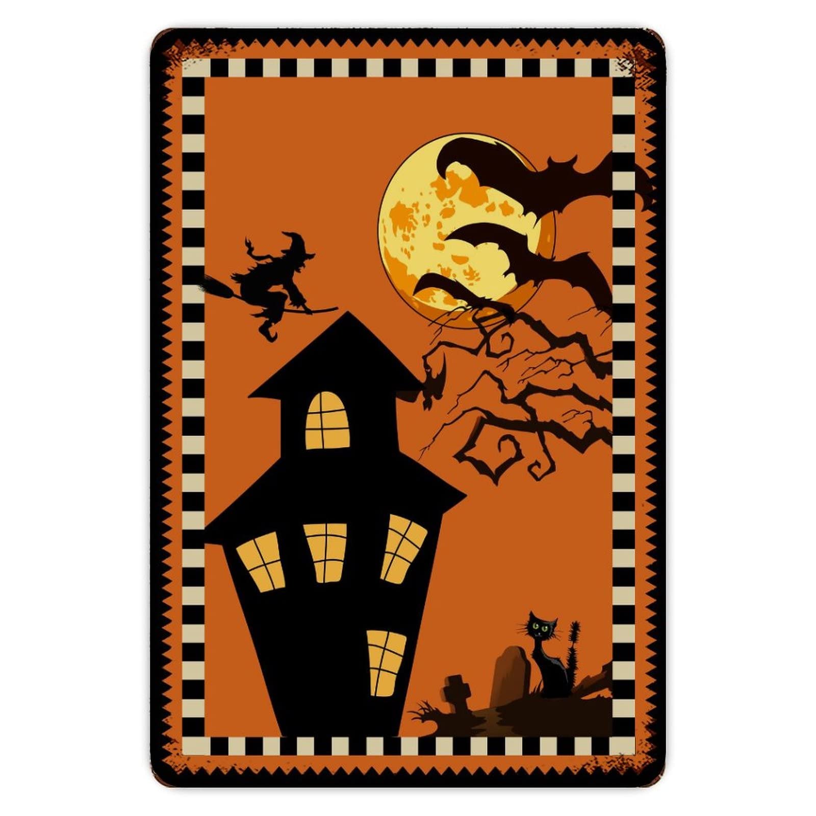 ENEDNATE Happy Halloween Scary Night Moon Witch Bats Black Cat Grave Aluminum Tin Metal Sign for Indoor Outdoor Business Retail Store Patio Yard Home Decor Easy to Mount Wall Art Print Poster 8"x12"