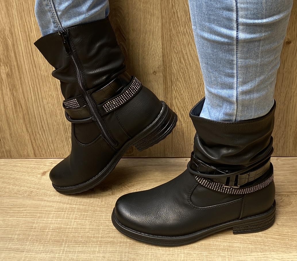 Pogolino Damen Stiefeletten Nieten Biker Boots Glitzer Stiefel leicht gefüttert 1573