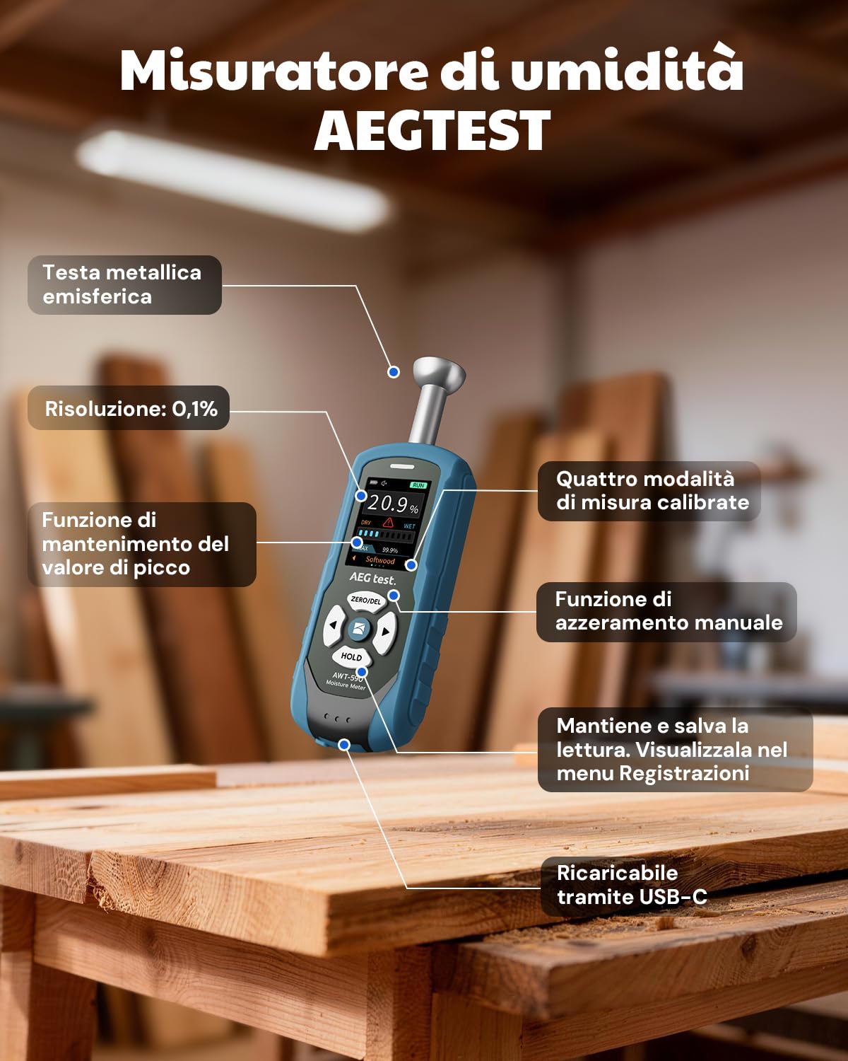 AWT-590 Misuratore di Umidità per Legno Senza Aghi Ricaricabile per Cartongesso, Muratura & Legno, con Allarme Regolabile, Registrazione Dati e Design Emisferico Metallico Unico