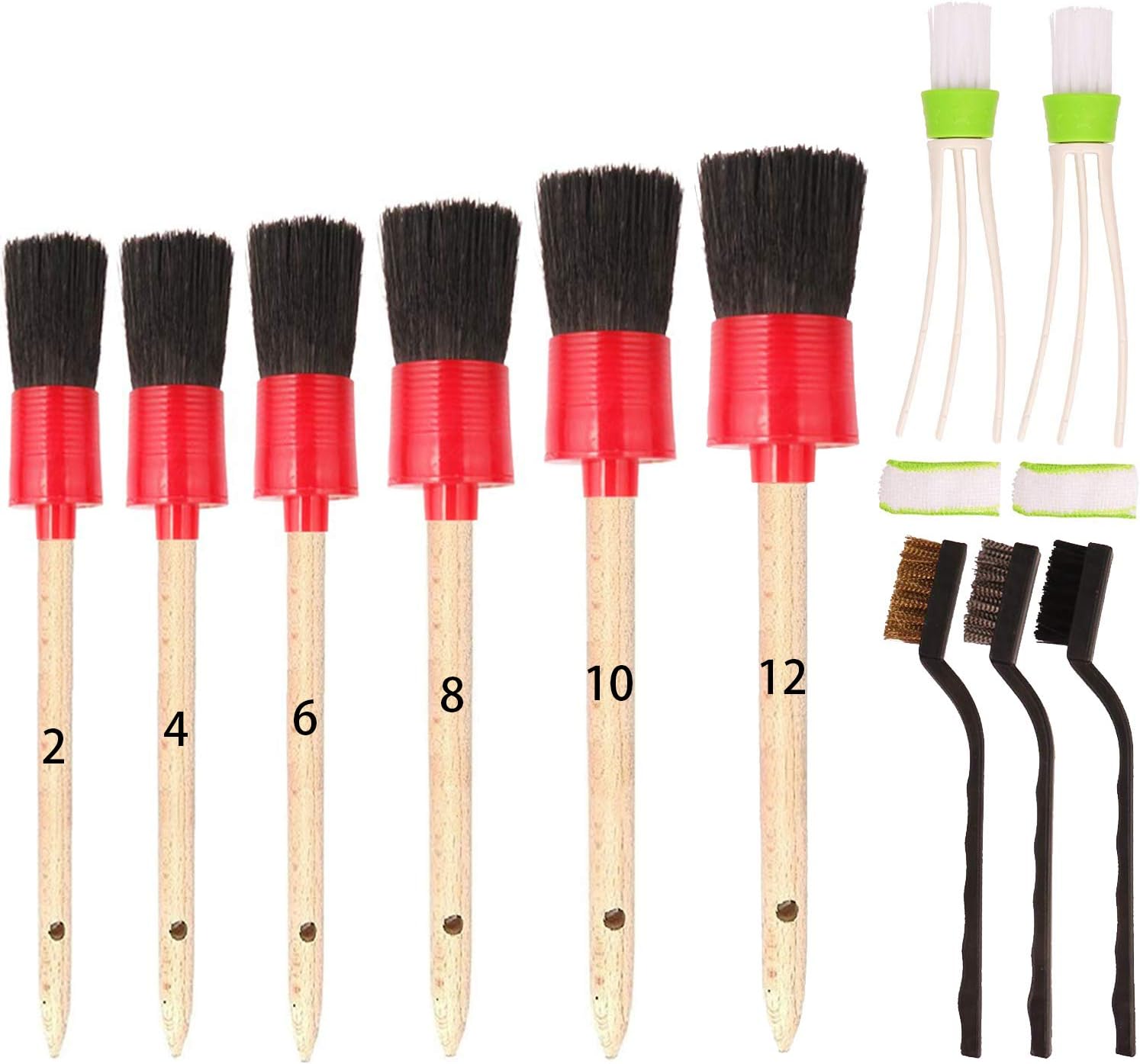 SUBANG 11 Pieces Car Detailing Brush Set for Cleaning Wheels,Interior,Exterior,Leather, Includes 6 Pcs Wooden Handle Boar Hair Automotive Detail Brush,3 Pcs Wire Brush and 2 Pcs Air Conditioner Brush