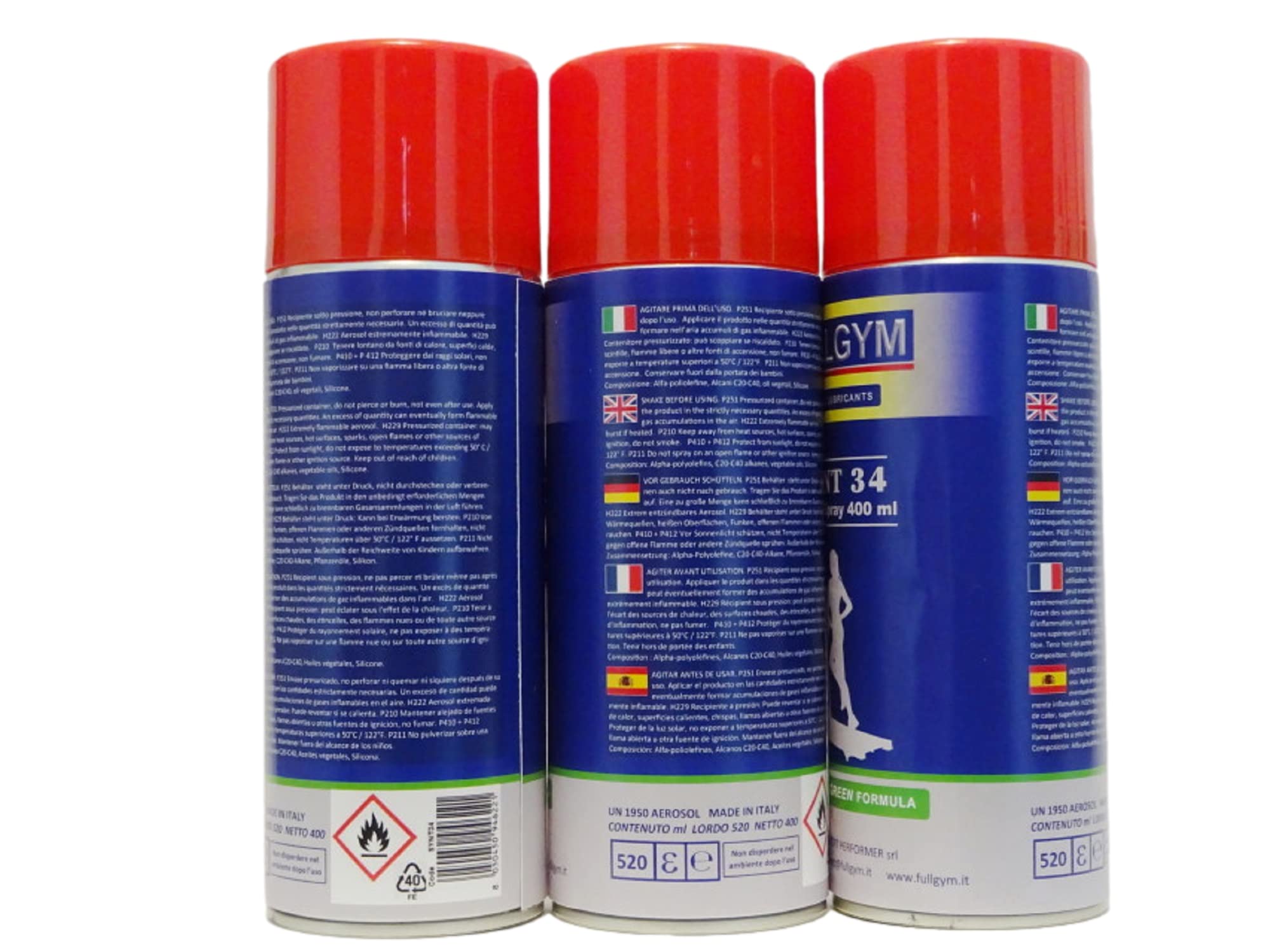 SYNT 34 Grand Spray 1.200 ml. Lubrificante multi-componente per tapis roulant in 3 bombolette di 400 ml, prodotto da FULLGYM specialista in lubrificanti per attrezzi sportivi dal 1934.