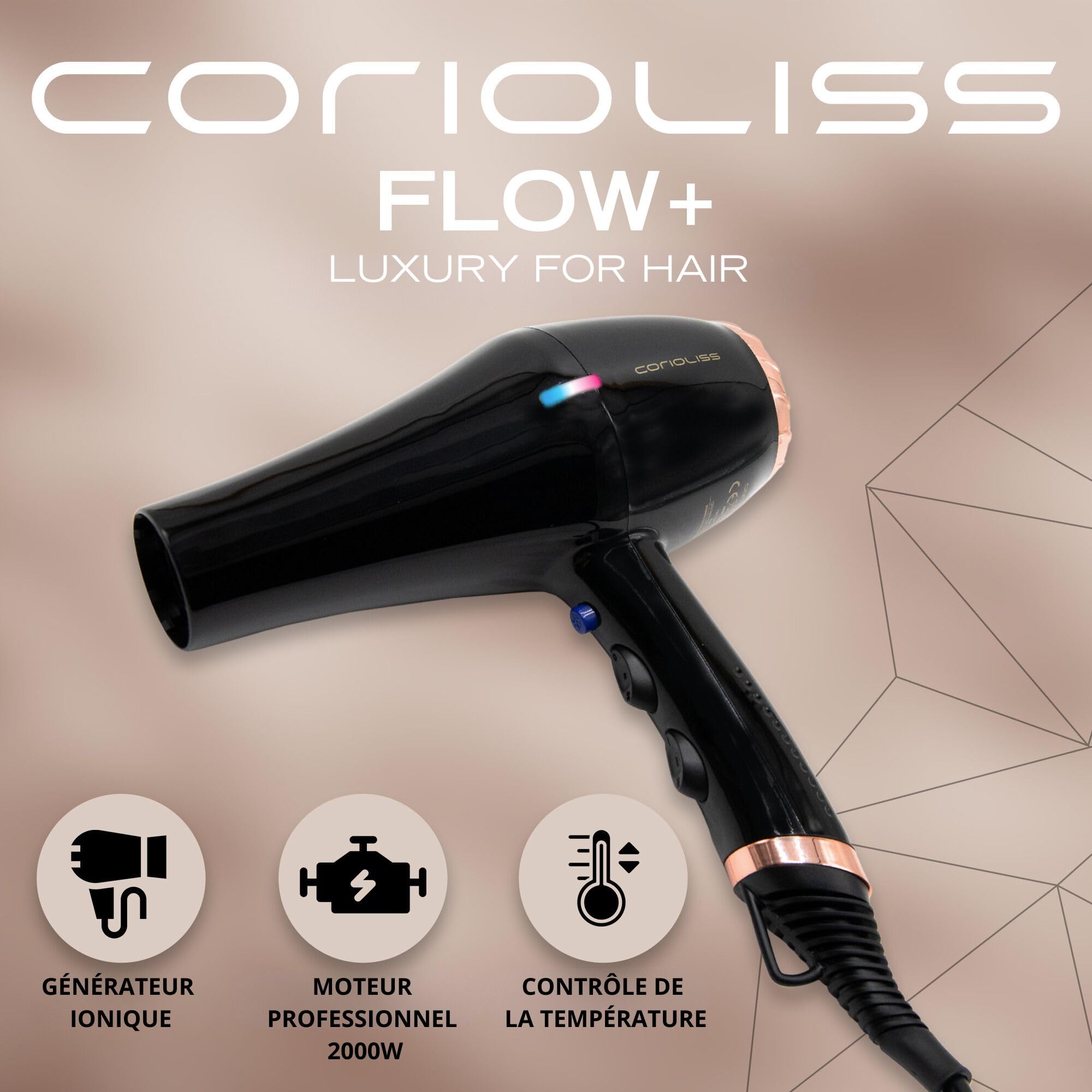 Corioliss Sèche-Cheveux Professionnel Ionique FLOW+ Black Copper 2000 W avec 3 réglages de température et 2 vitesses.