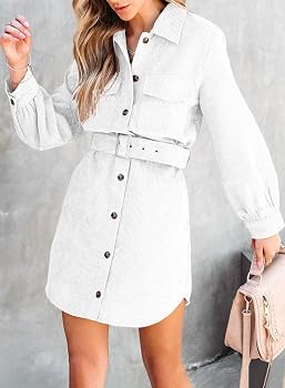 Robe Chemisier Femme En Velours Côtelé - Manches Longues, Ceinture, Poche, Boutonnière, Taille S à XL