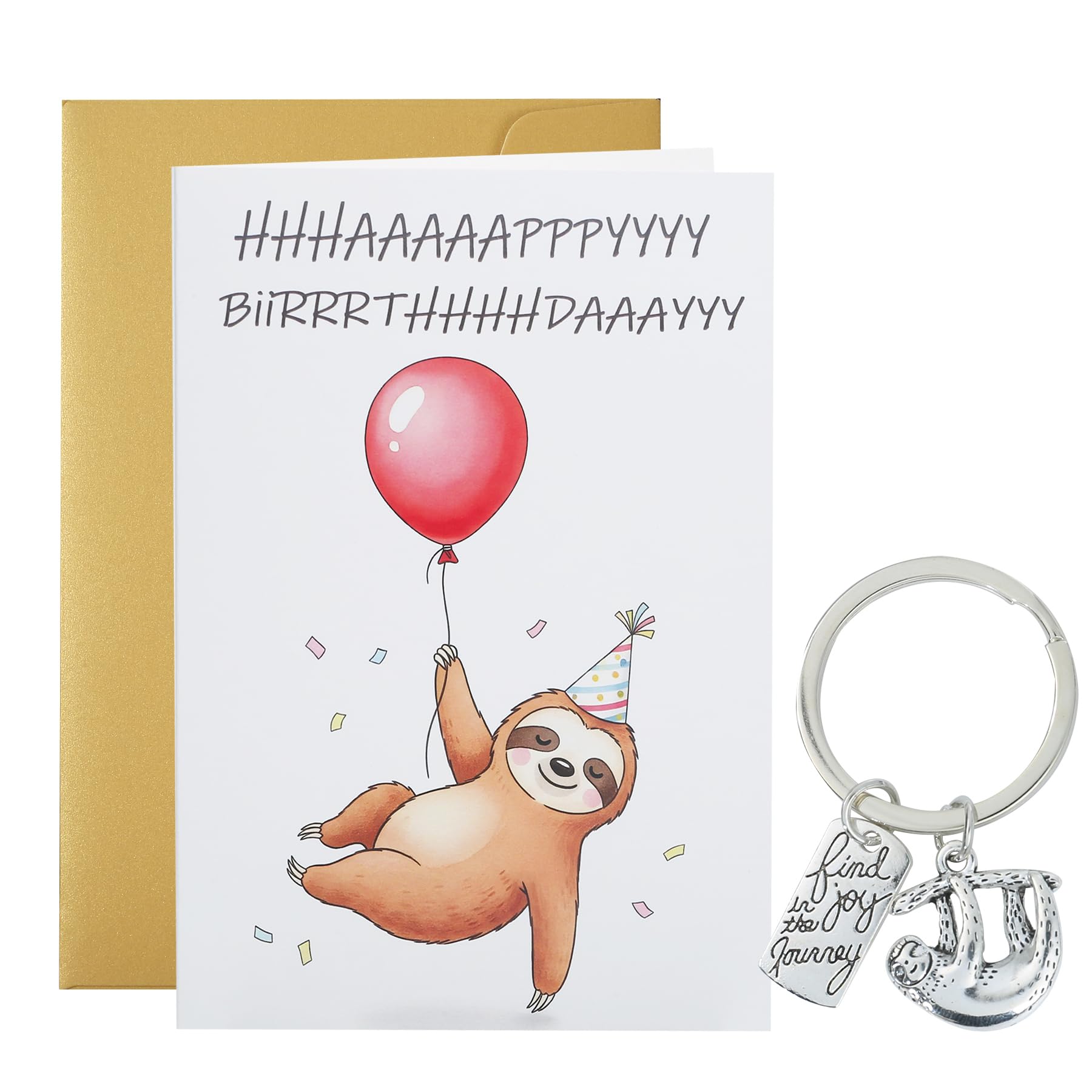 Wasise Sloth Birthday Card - Personalised Birthday Cards and Keychain Gift Set, Inspirational Sloth Keychain, Cute Animals Personalised Card with Birthdays Hats and Balloons, Gift for Women Man