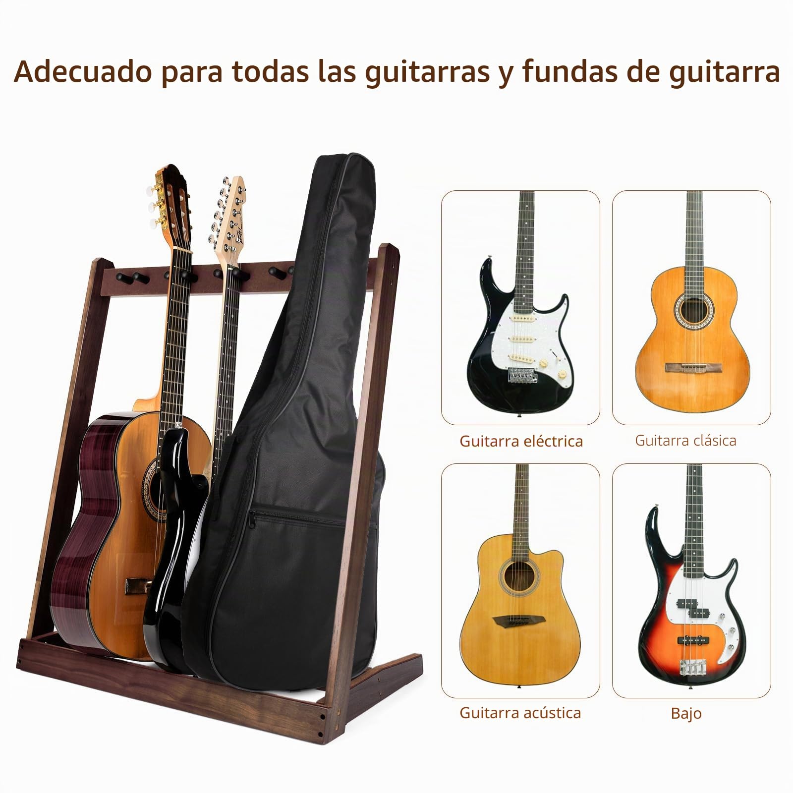 Soporte de madera para 5 guitarras acústicas, eléctricas o bajas, con ranura para púas y espacio para 4 cajas