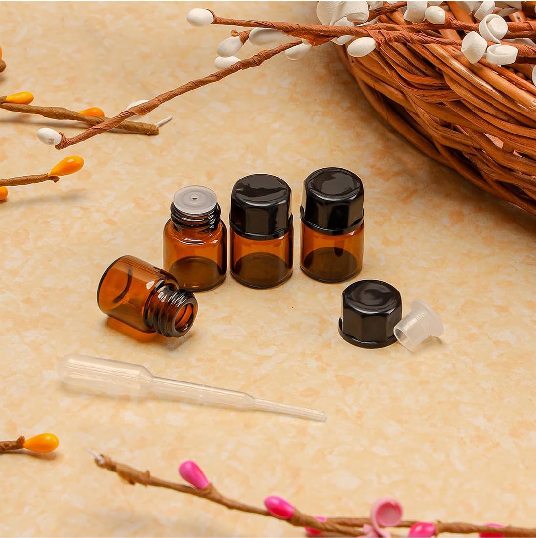 25 piezas botellas de vidrio vacías marrones de 2 ml para aceites esenciales cuentagotas, mini botella de vidrio de relleno, botella de aromaterapia vacía, accesorios de aceites