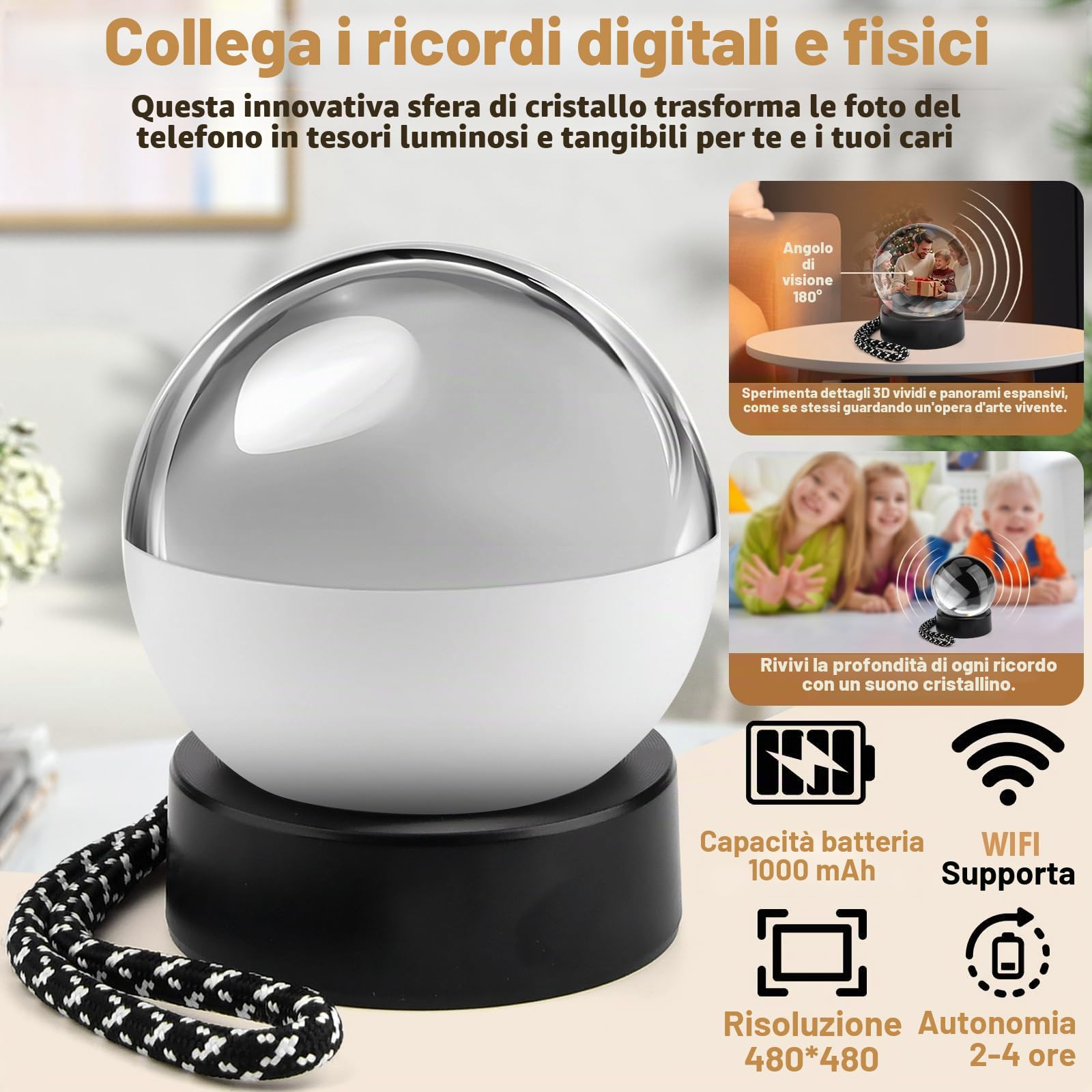 Lettore Video Crystal Ball con Wi-Fi, Sfera di Memoria 3D, per Foto e Video Personalizzati, Gadget per Matrimoni, Compleanni, Anniversari e Occasioni Speciali (A)