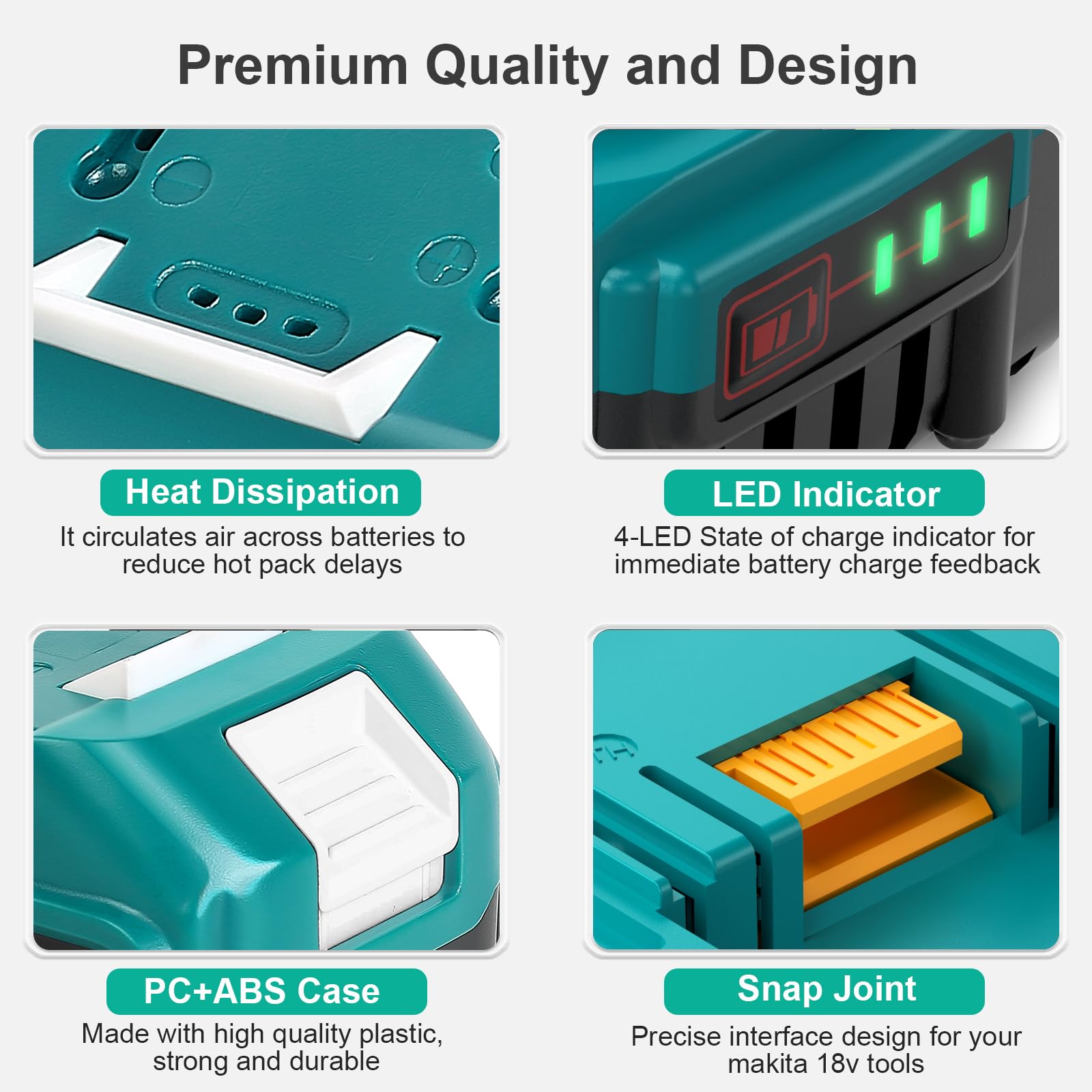 Ricambio aggiornato da 6,0 Ah per batteria Makita 18 V, confezione da 2 con caricabatterie, compatibile con utensili elettrici Makita da 18 V, nero
