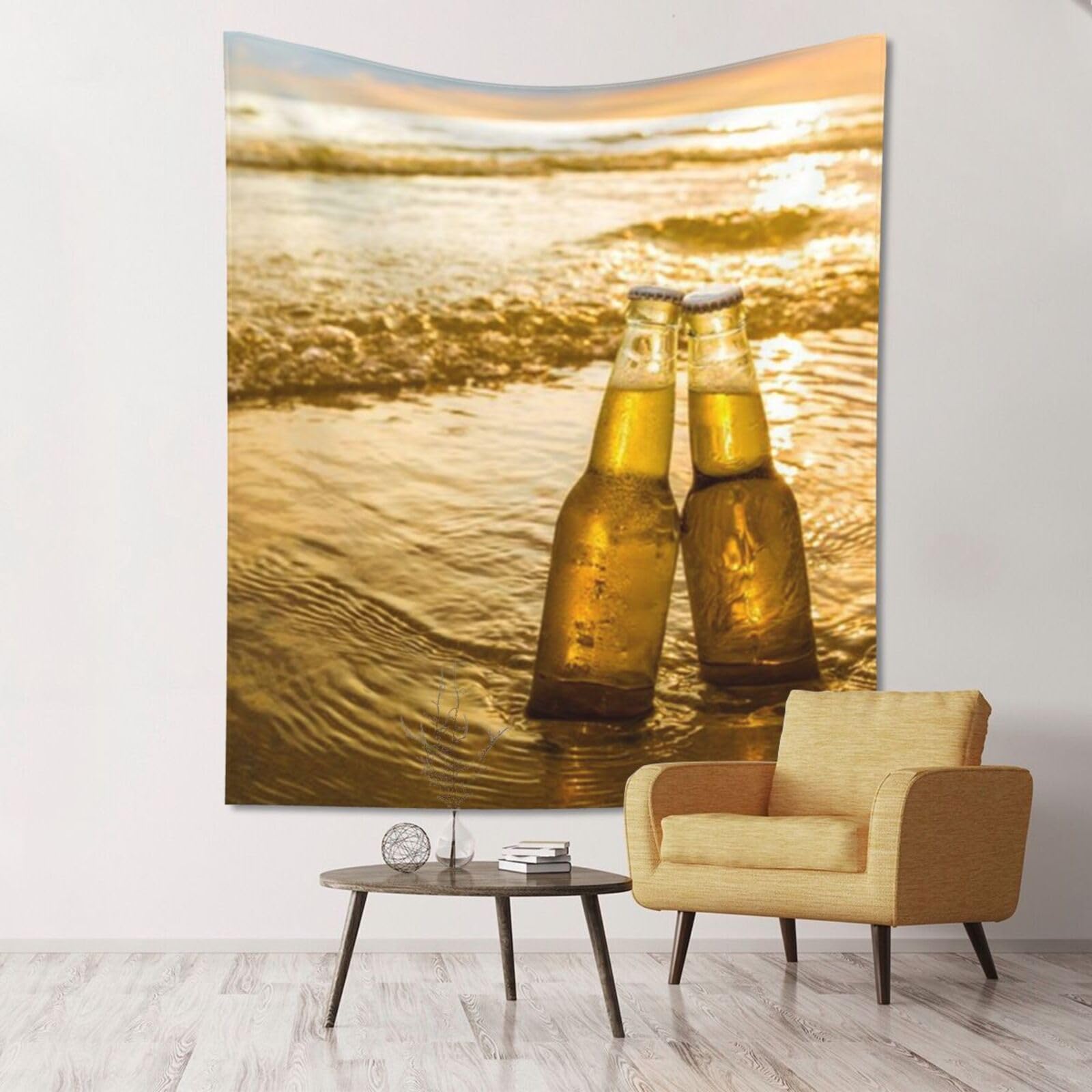 WKSGDSG Large Wall Hanging, Machine Washable Tapestry For Dorm Room, Bottles Beer Beach Sunset, Lightweight Polyester Wall Art For Bedroom Living Room, 152x130cm