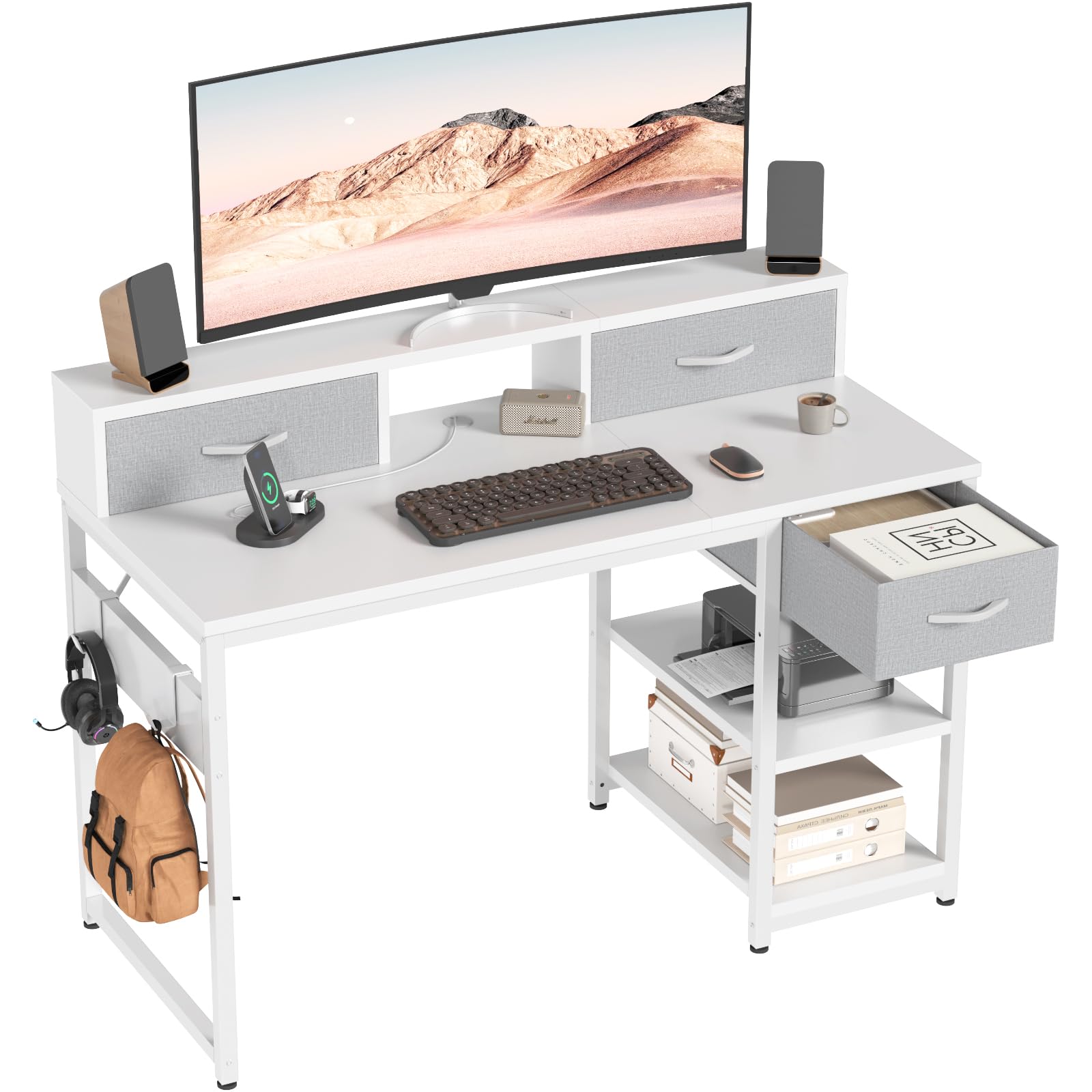 JUMMICO Bureau d'Étudiant avec Tiroirs et Étagère, Enfant, 120x50cm, Blanc
