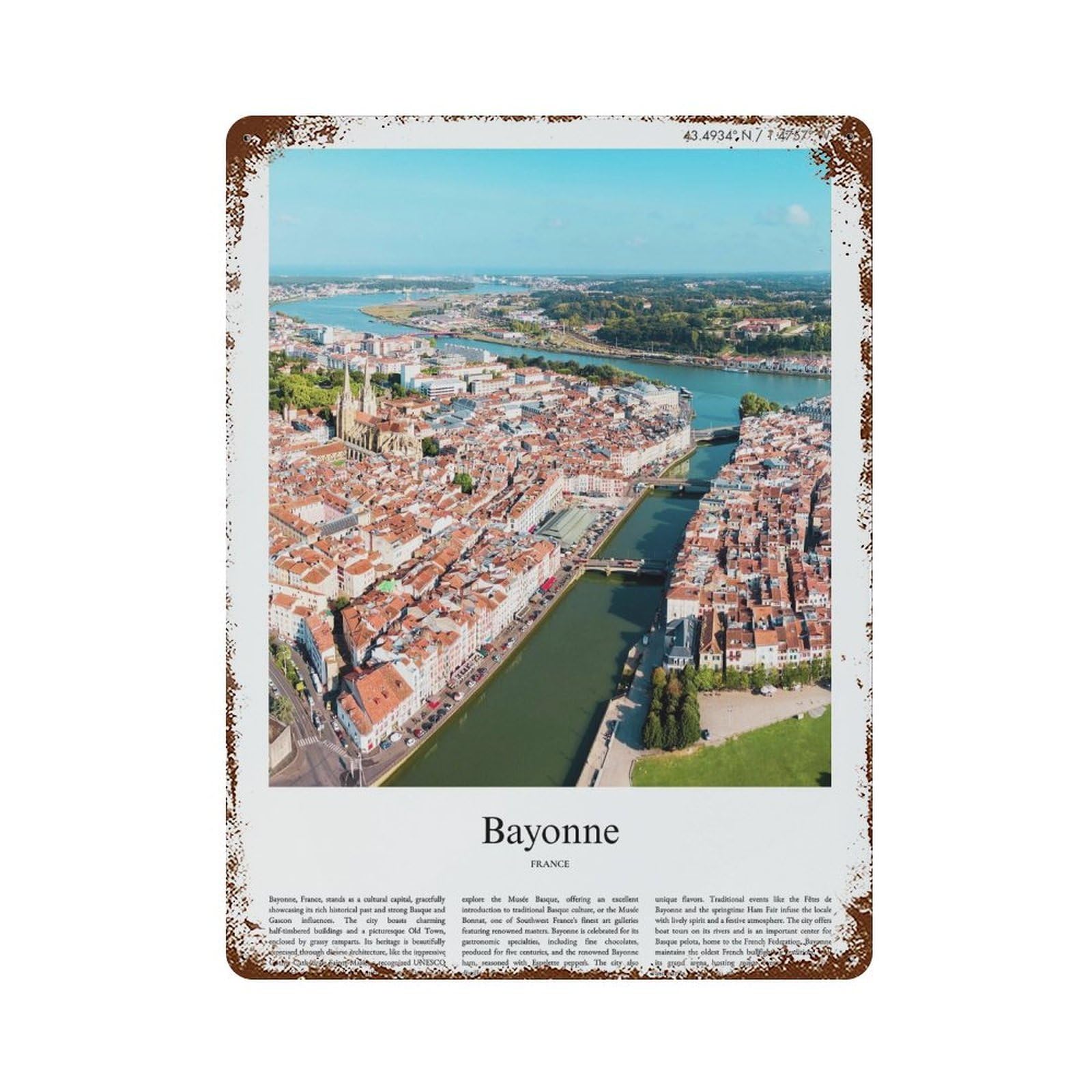 xiaoxiaoshen Bayonne France City Scenery Wall Decor Art Metal Tin Poster Modern Home Decor Art Home Bar Shop Decorations Vintage Sign 40x30cm