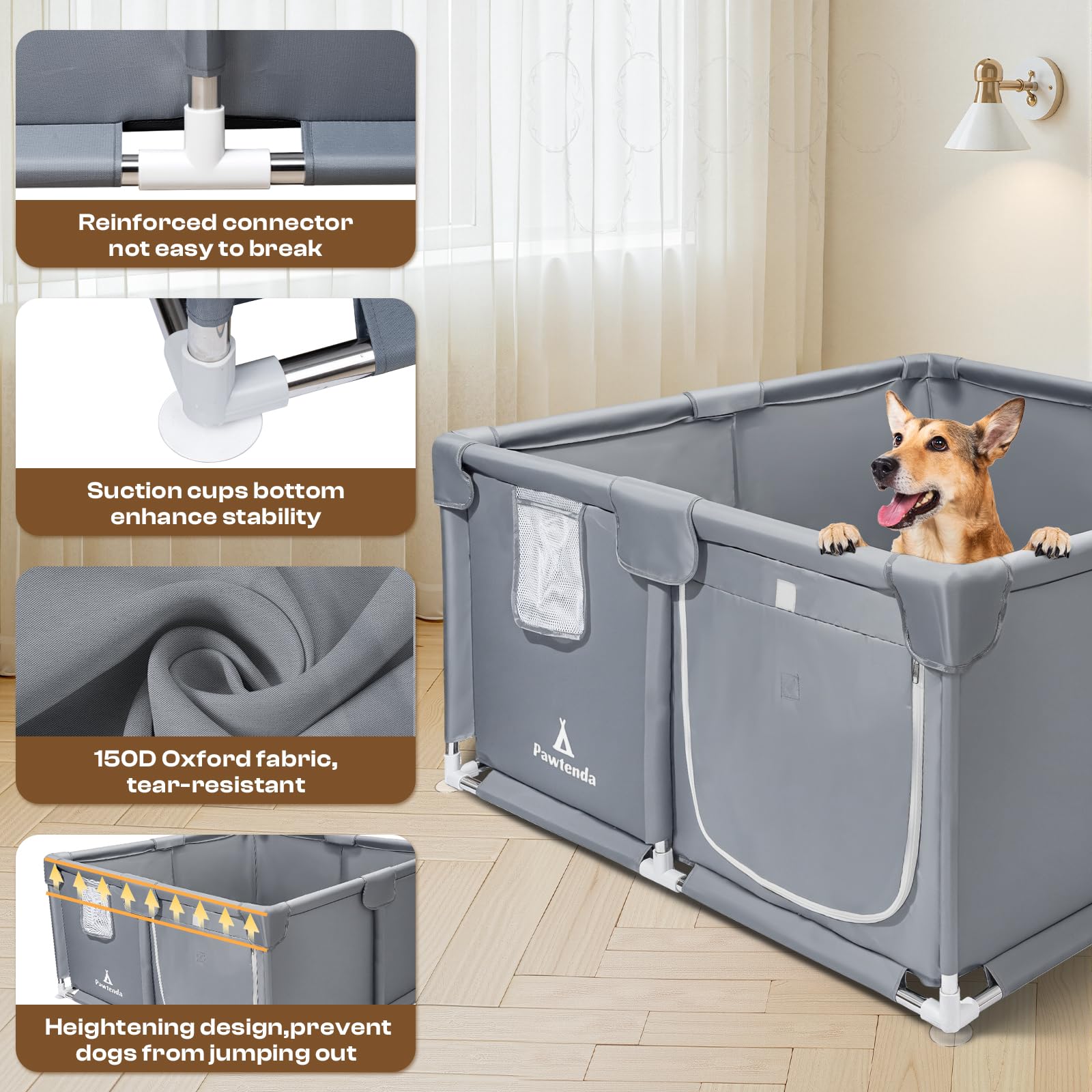 Pawtenda Caja de parto para perros y cachorros, con kit de cuidado de cachorros de 5 piezas | 47 x 47 x 24 pulgadas, para perros de raza mediana y grande, corralito de tela Oxford resistente al desgarro con ventosas