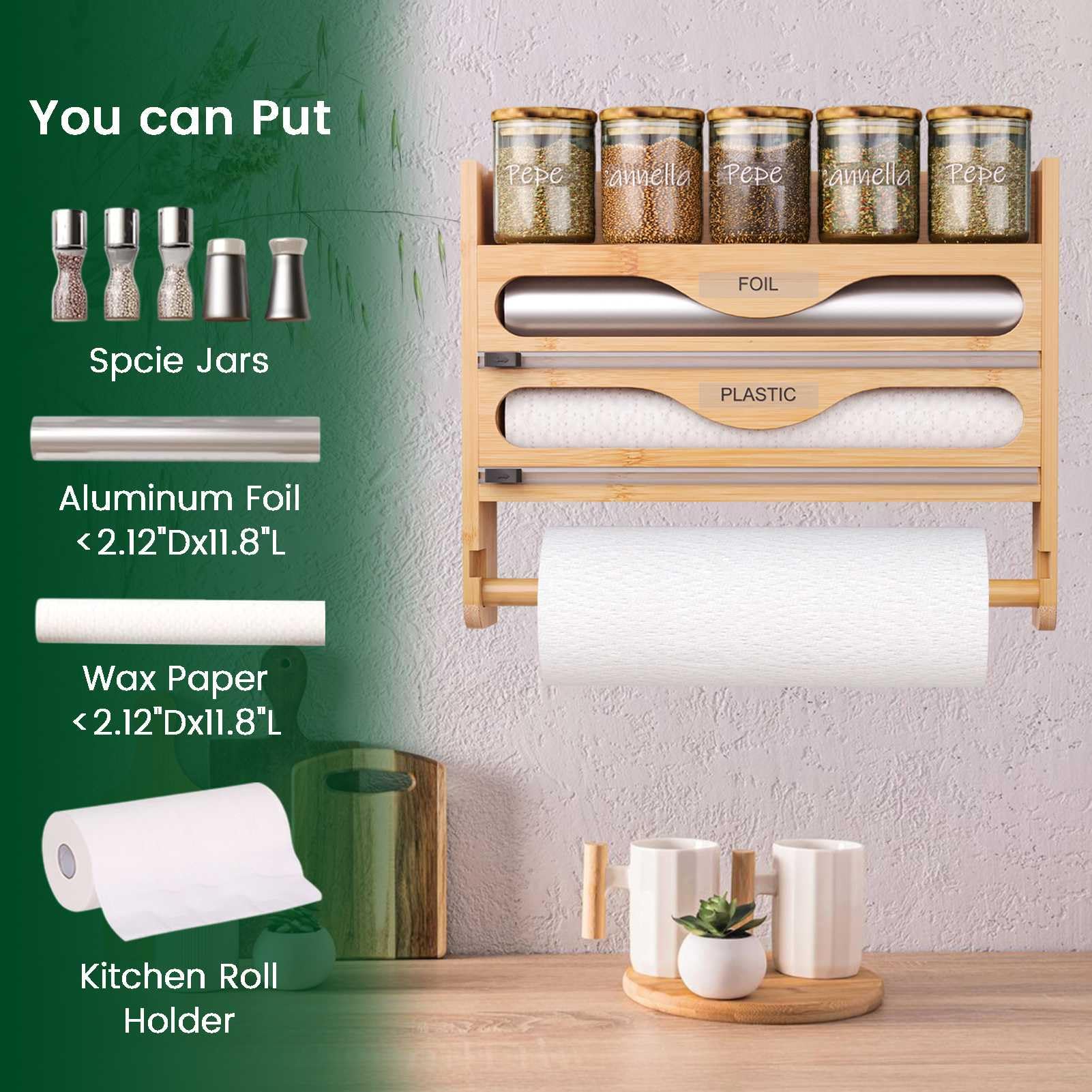 Dispensador Papel Aluminio y Film con Estante para Especias y Portarrollos Papel Cocina, Organizador Papel Aluminio y Film, Cortador Papel Aluminio y Film Se Adapta a Rollos de 12 Pulgadas