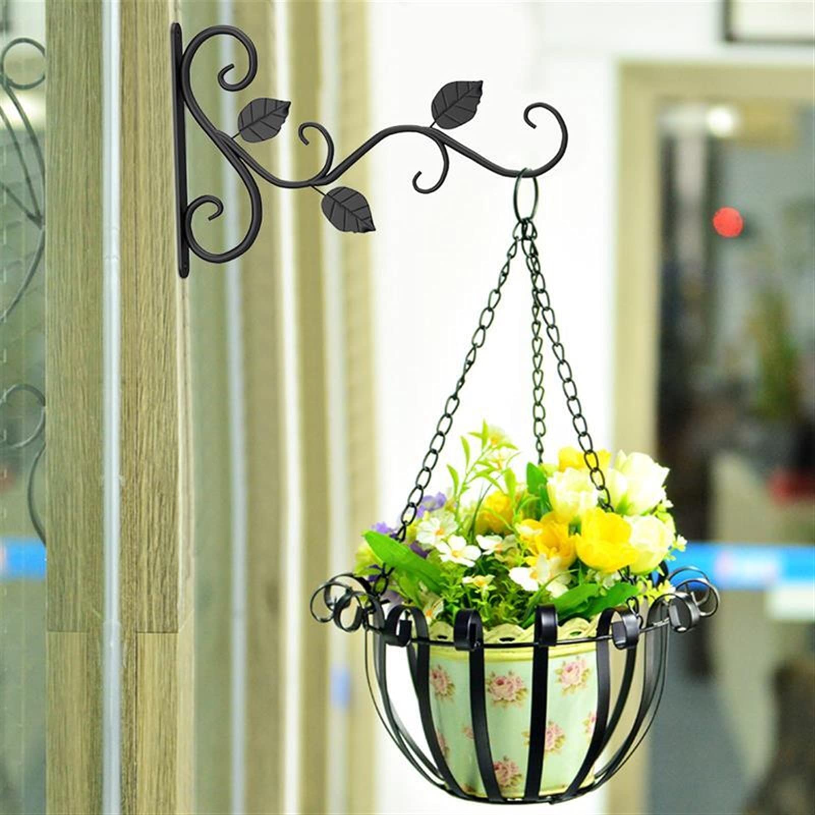 Naścienny żelazny kosz z haczykiem Wieszak na rośliny Doniczki Wspornik do zawieszania Metalowy stojak Dom Ogród Na zewnątrz Haczyki do dekoracji ścian 30x18 cm /416(Black)