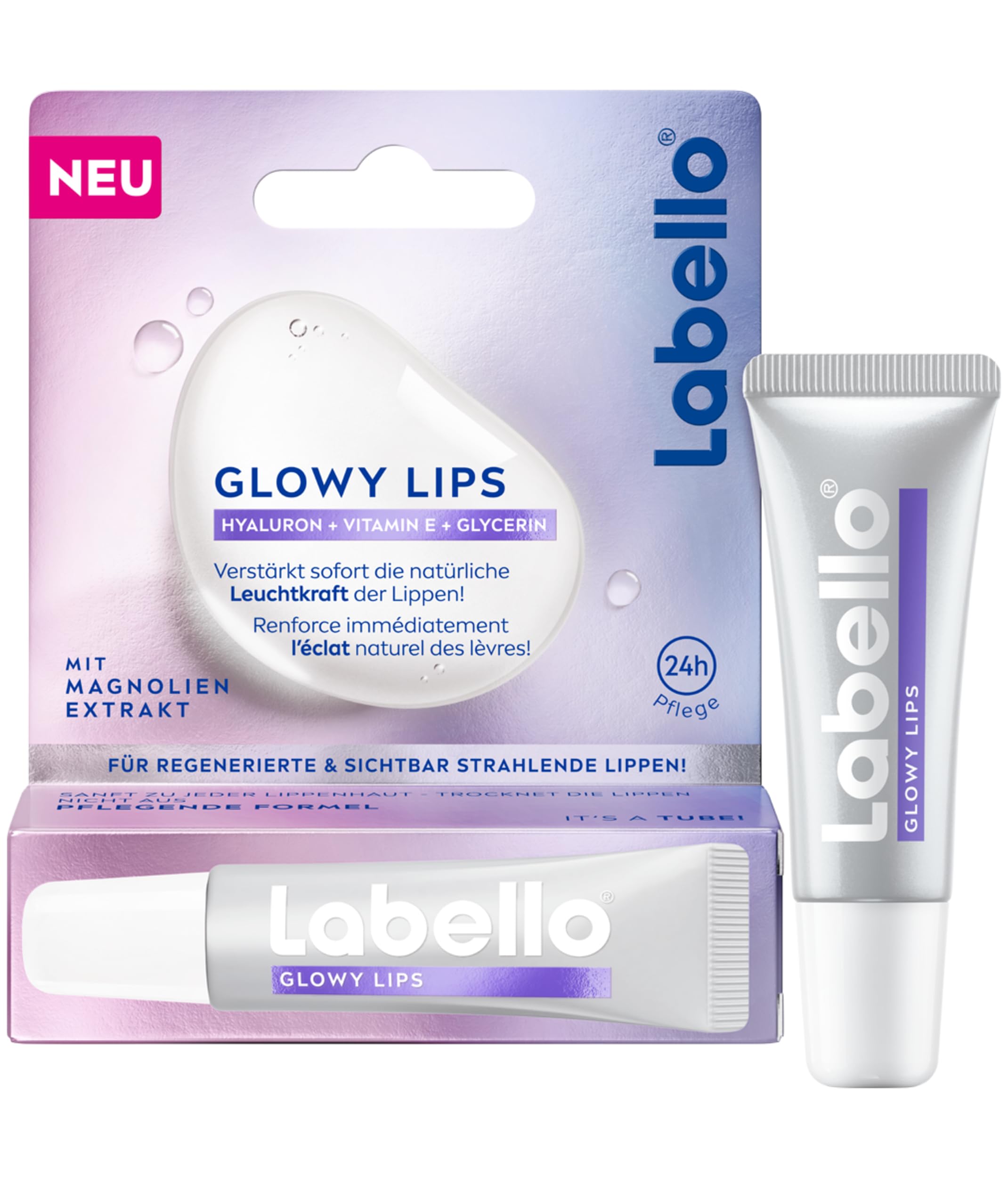 Labello Glowy Lips – Ultra leichte Lippenpflege für 24h Feuchtigkeit und Pflege, regenerierender Lipgloss mit Hyaluron, Vitamin E und Magnolien-Extrakt für gepflegte und strahlende Lippen (10 ml)