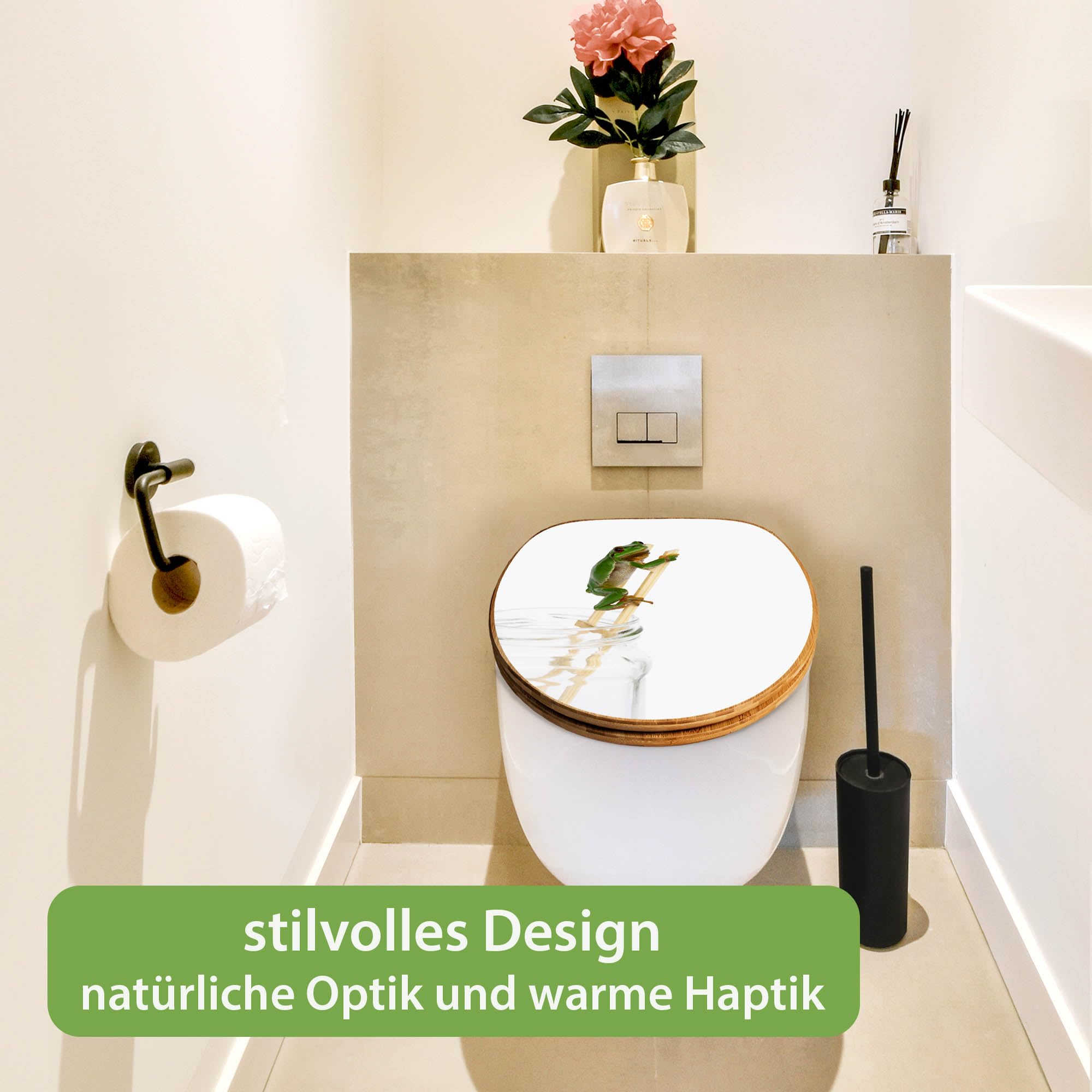 banjado Design WC Sitz Bambus Absenkautomatik 45,8x37,5cm - Toilettendeckel mit Absenkautomatik Holz - hochwertiger Bambus Klodeckel - WC-Sitz für gängigen Toiletten - Motiv Wetterfrosch