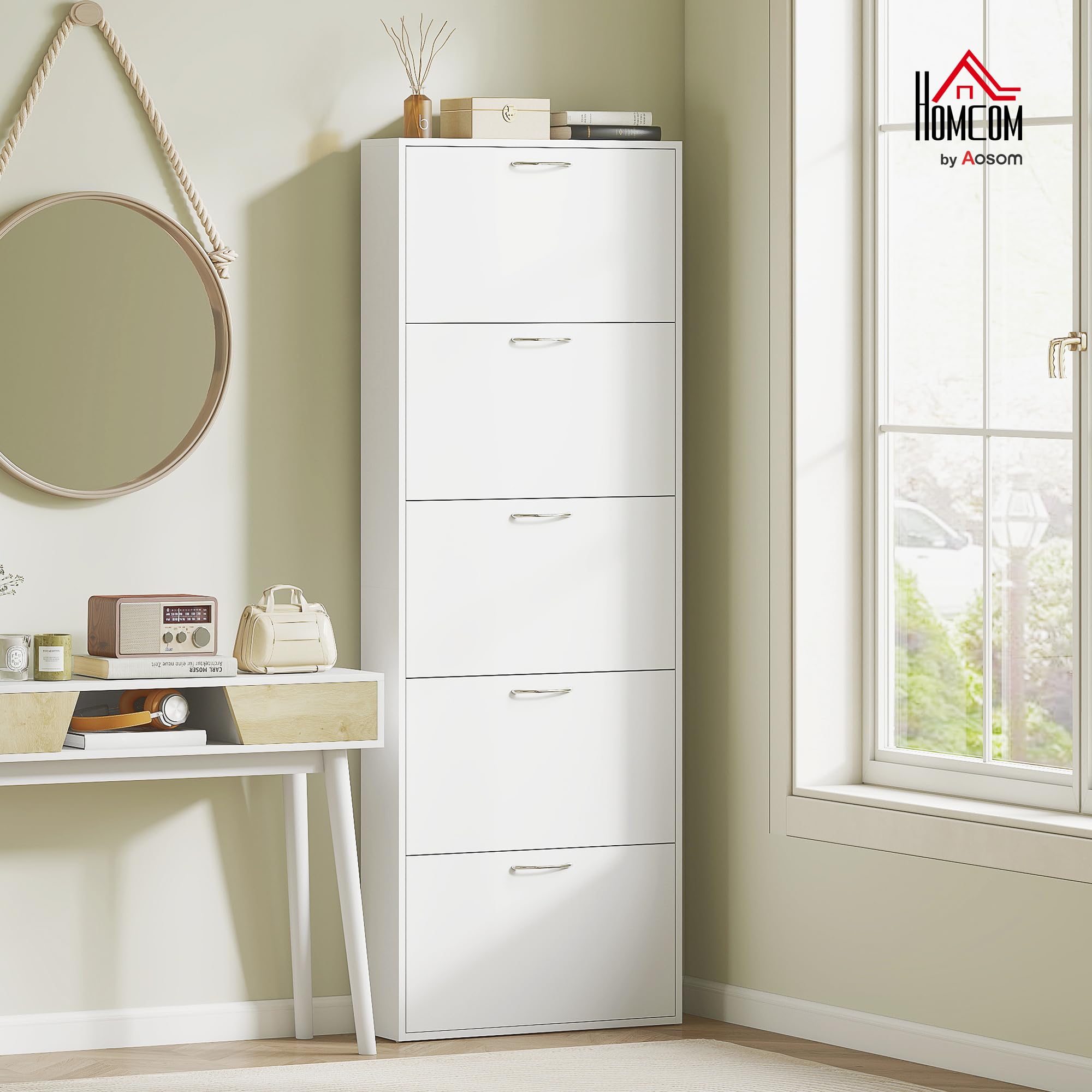 HOMCOM Scarpiera Salvaspazio Slim Alta 5 Ante 65x17x180.5 cm Bianco | Ante a Ribalta, Porta Scarpe per 15 Paia con Maniglia, Mobiletto Ingresso con Piano Superiore Portaoggetti