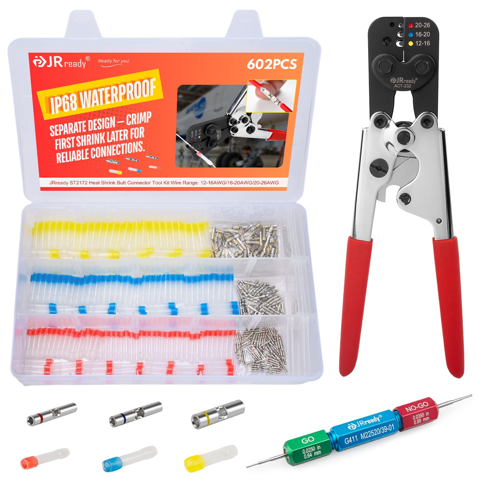 JRready ST2172 Set di 300 connettori termorestringenti IP68 impermeabili 12-26 AWG Wire Butt Splice Crimp Blu Rosso Giallo Connettori per Marine Automotive Manutenzione Elettrica