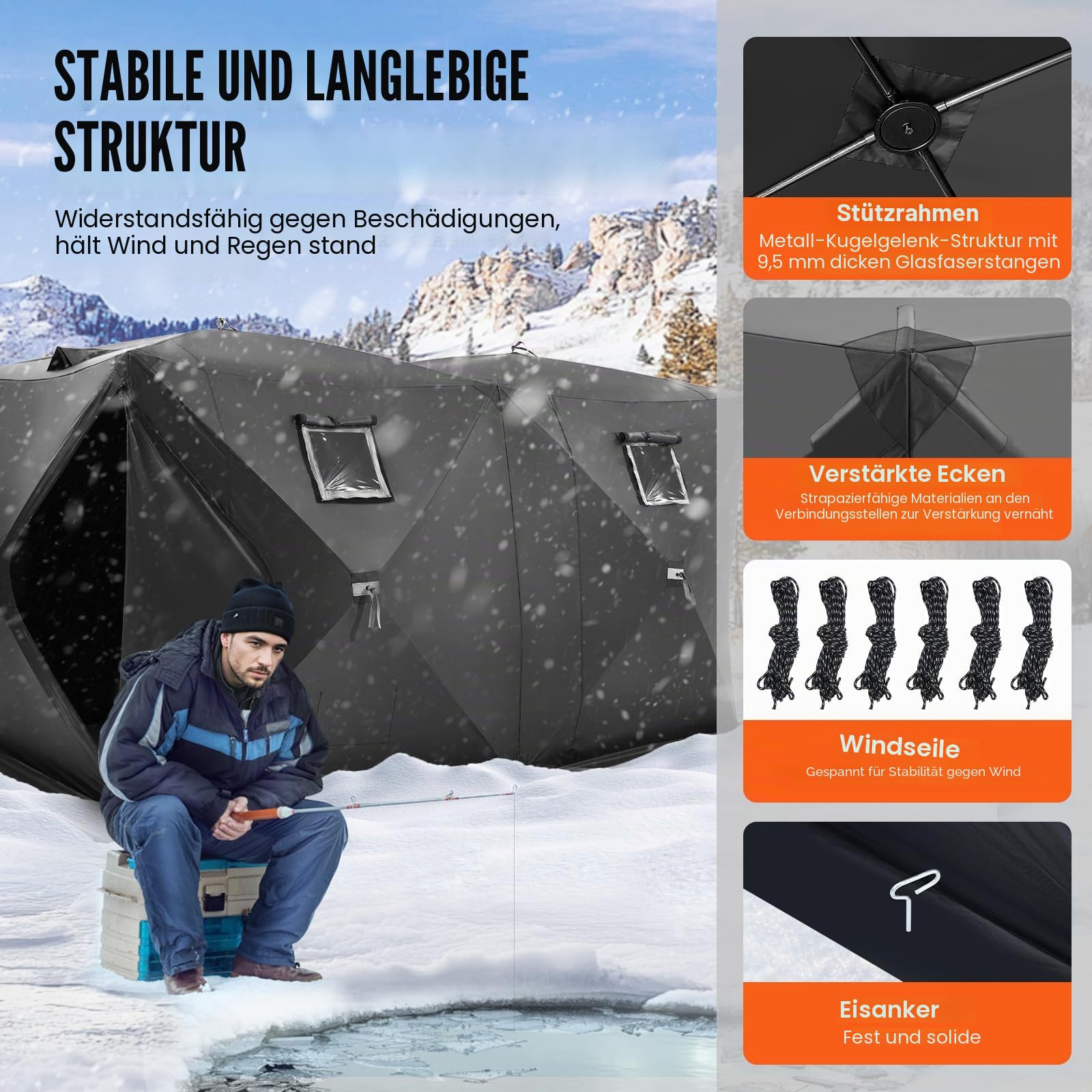VEVOR Tragbares Pop-Up-Eis-Angelzelt, 1-8 Personen Isolierter Eisschutz, großer Angelbereich, Naben-Stil Ice Shanty für Winterangeln, wasserdichter Oxford-Eiswürfel mit Ankern/Seilen/Tragetasche