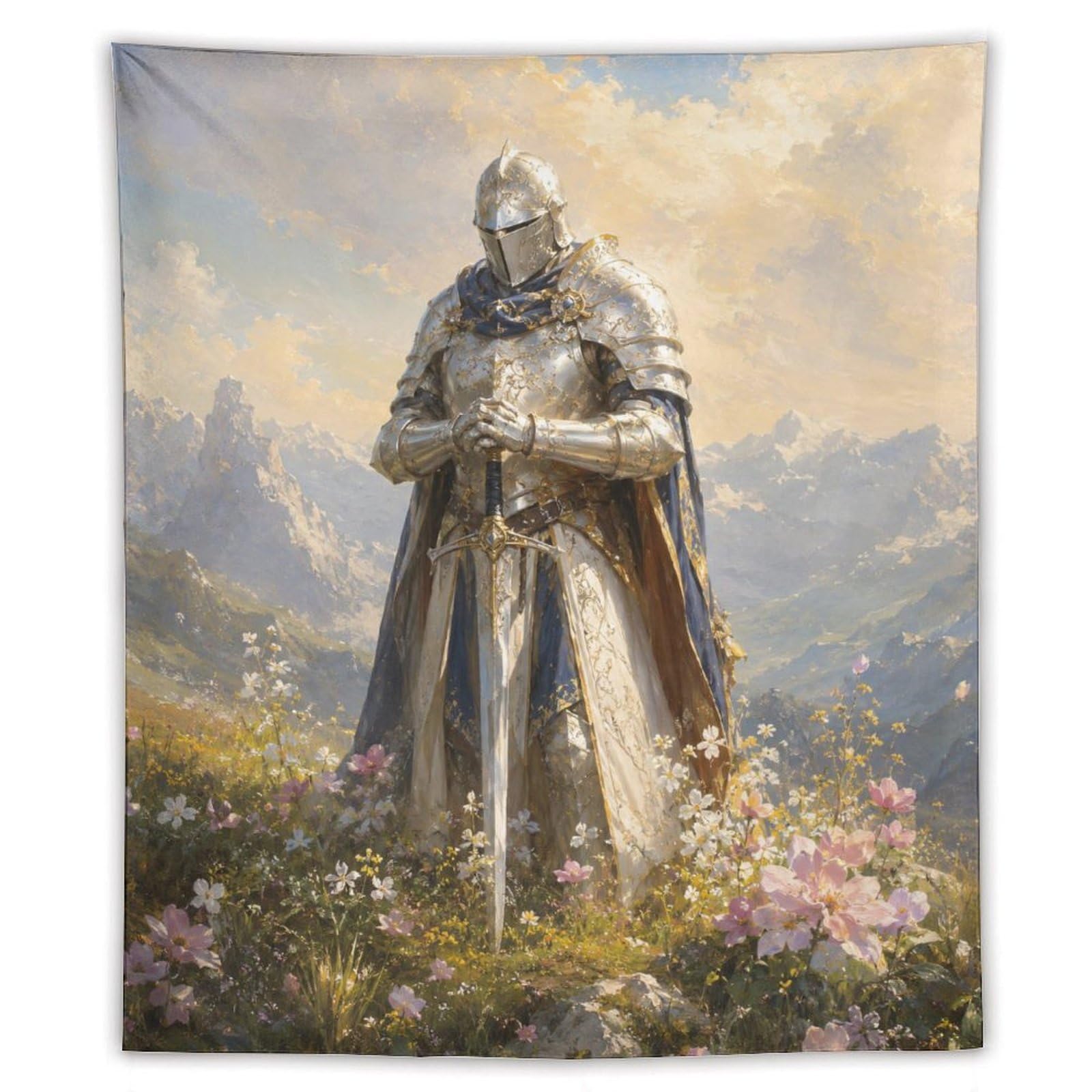 H3B8U2Y5 Medieval Knight Floral Mountain Wall Tapestry, Office