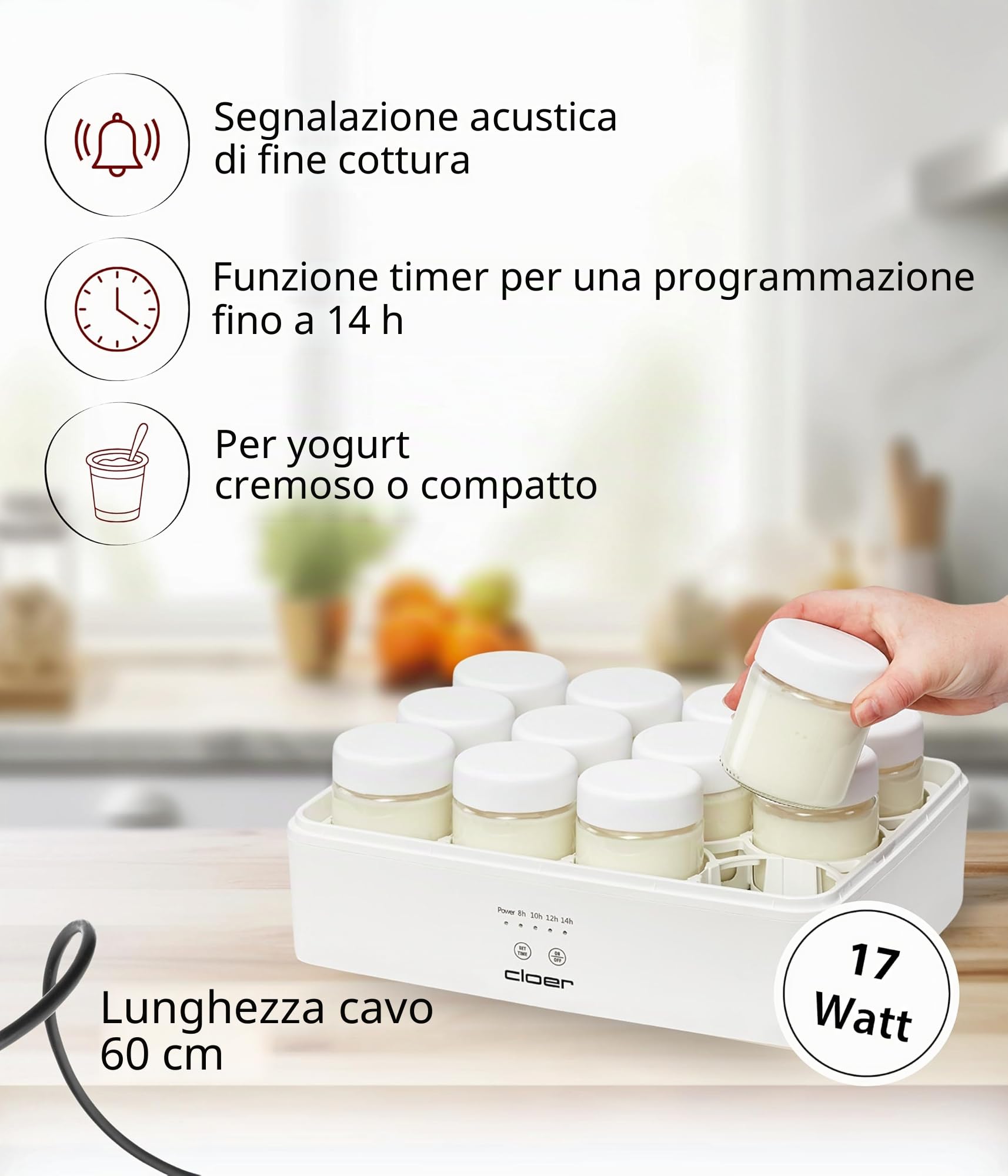 Cloer 9921 Yogurtiera per 12 vasetti, ciascuno da 150 ml di capacità, per yogurt e colture di fermentazione, timer, 8–14 ore, corpo in plastica bianca, 17 W, coperchio trasparente