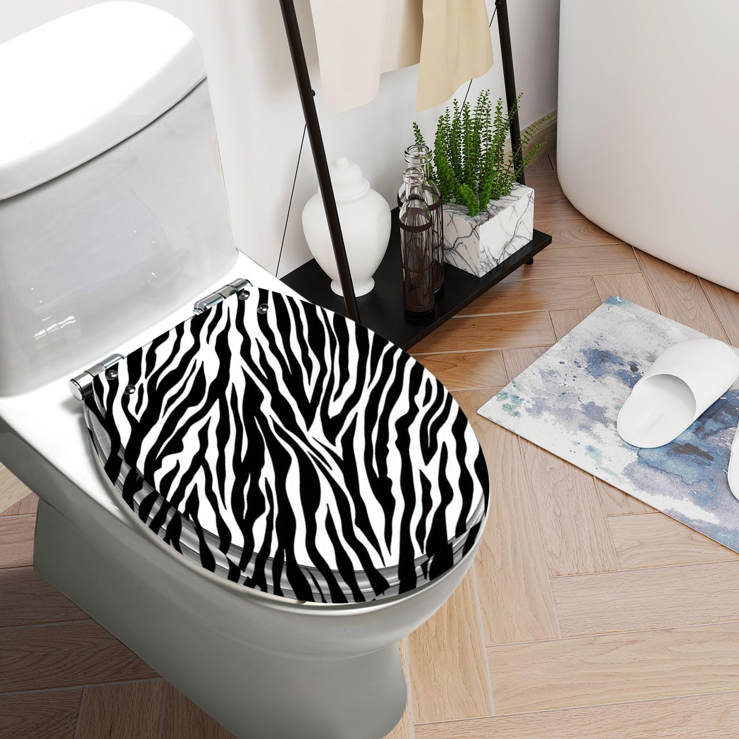 Round Toilet Seat Zebra seamless pattern Black white zebra stripes zoo fabric animal Resin Toilet Seat Slow Quiet Close with Quick-Release Hinges Toilet Seat with Cover Easy to Clean Install