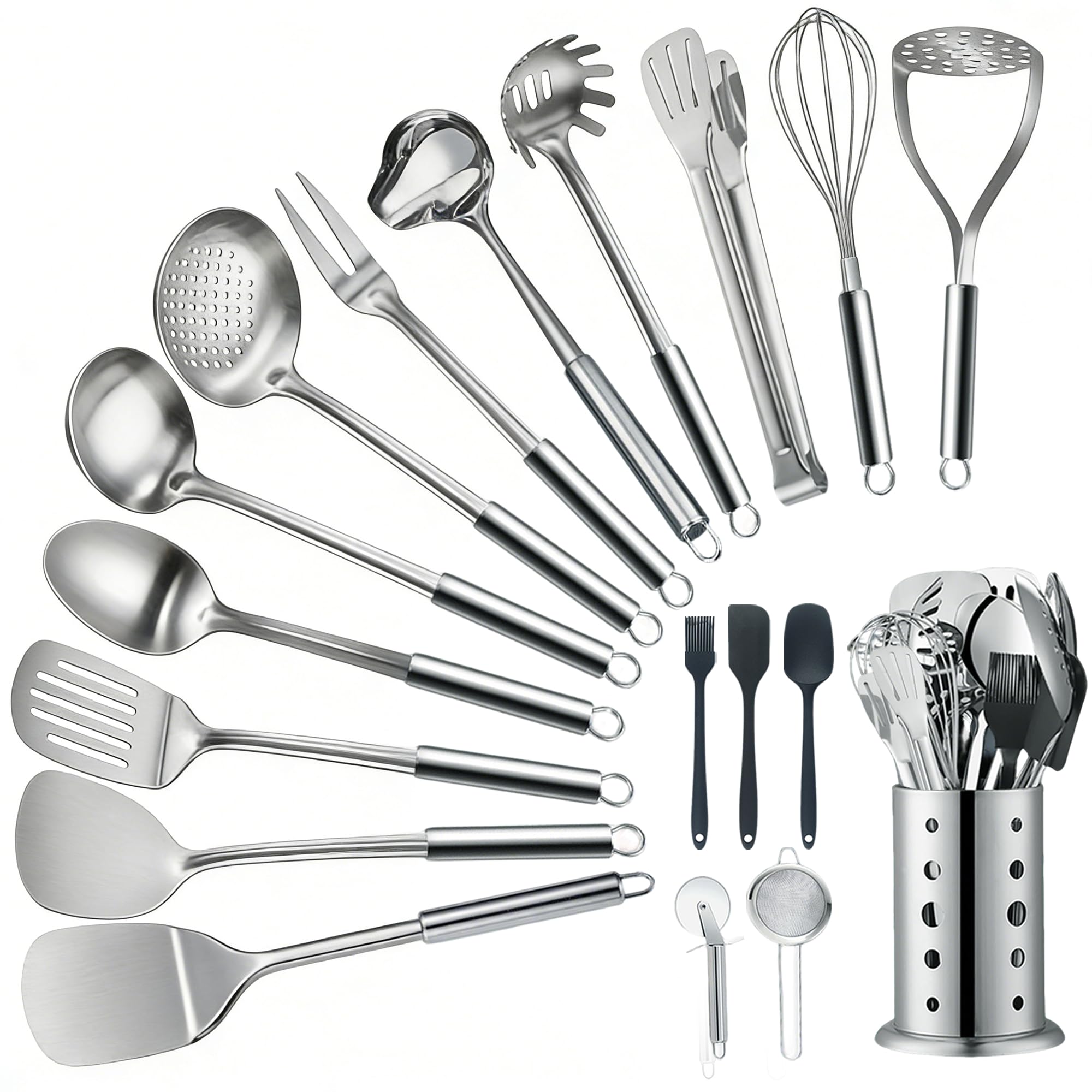 Lot de 18 Ustensile de Cuisine en Acier Inoxydable, Avec Spatule, Louche, Pelle, Spatule Fendue, Passoire, Fourchette à Viande, Cuillère à huile, Batte à œufs, Presse-Purée, Roulette à Pizza, Brosse