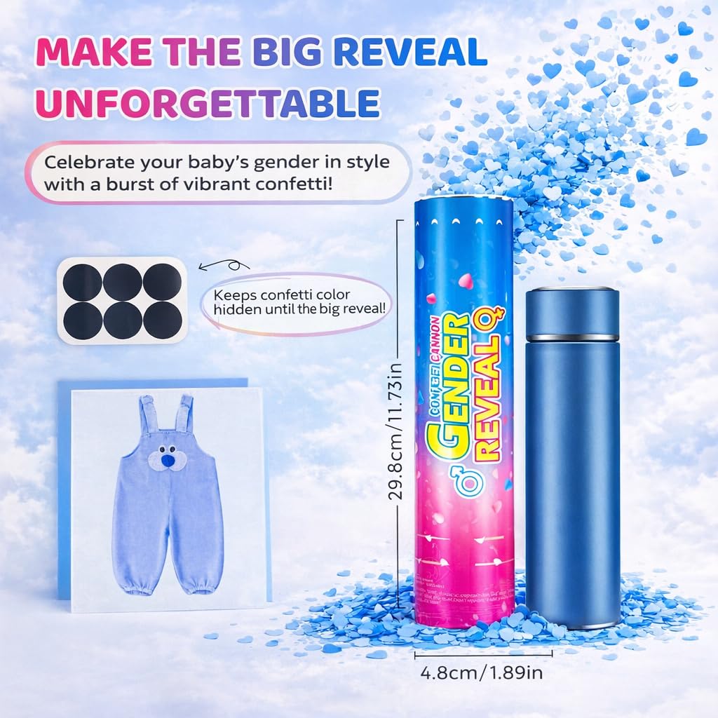 Gender Reveal Konfetti Kanonen - 6 Pack Blau Party Poppers - Baby Boy Gender Reveal Cannon Kit mit herzförmigem Konfetti - Easy Twist Shooters für Baby Reveal Party Dekorationen