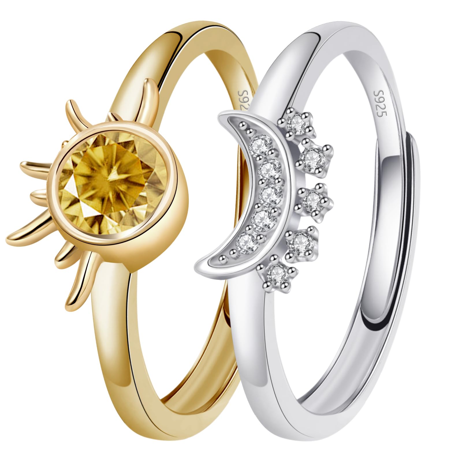 Sun and Moon Ring Rings for Women 925 Sterling Silver Ring Overlay Matching Rings Gold Silver Set Womens Jewellery Gifts for Women Mum Her