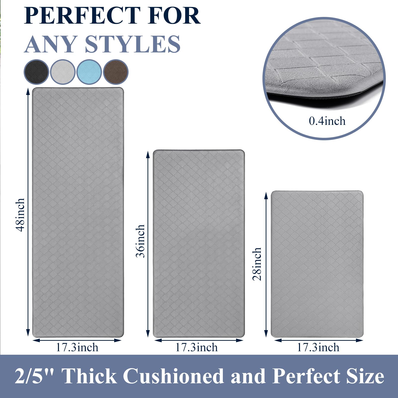 HEBE Anti Fatigue Kitchen Mats for Floor 3 Piece Set Non Slip Waterproof Comfort Standing Mat Runner for Home Office, Sink, Laundry