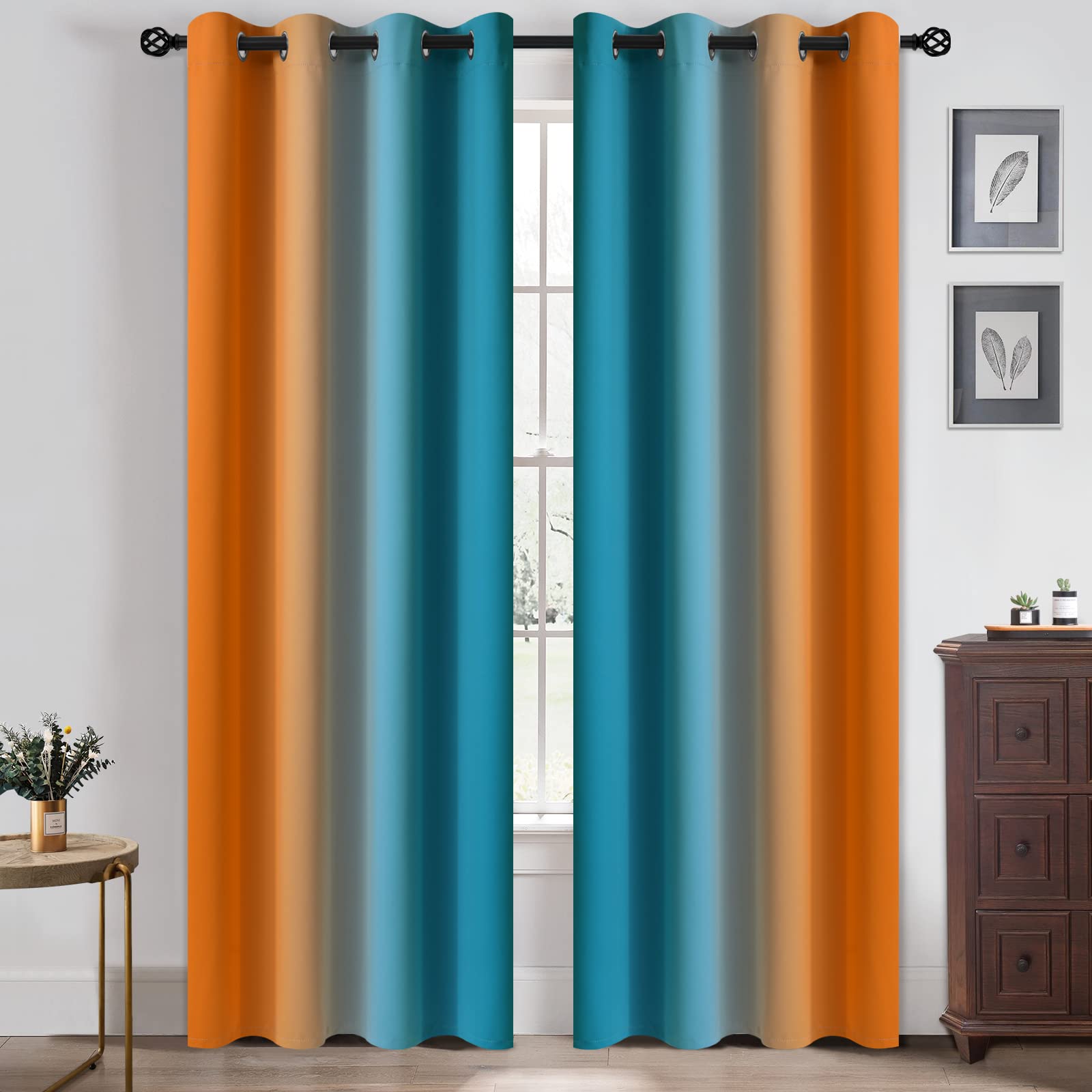 Yakamok Ombre Orange and Blue Curtains for Bedroom Gradient Room Darkening Curtains - Image 3