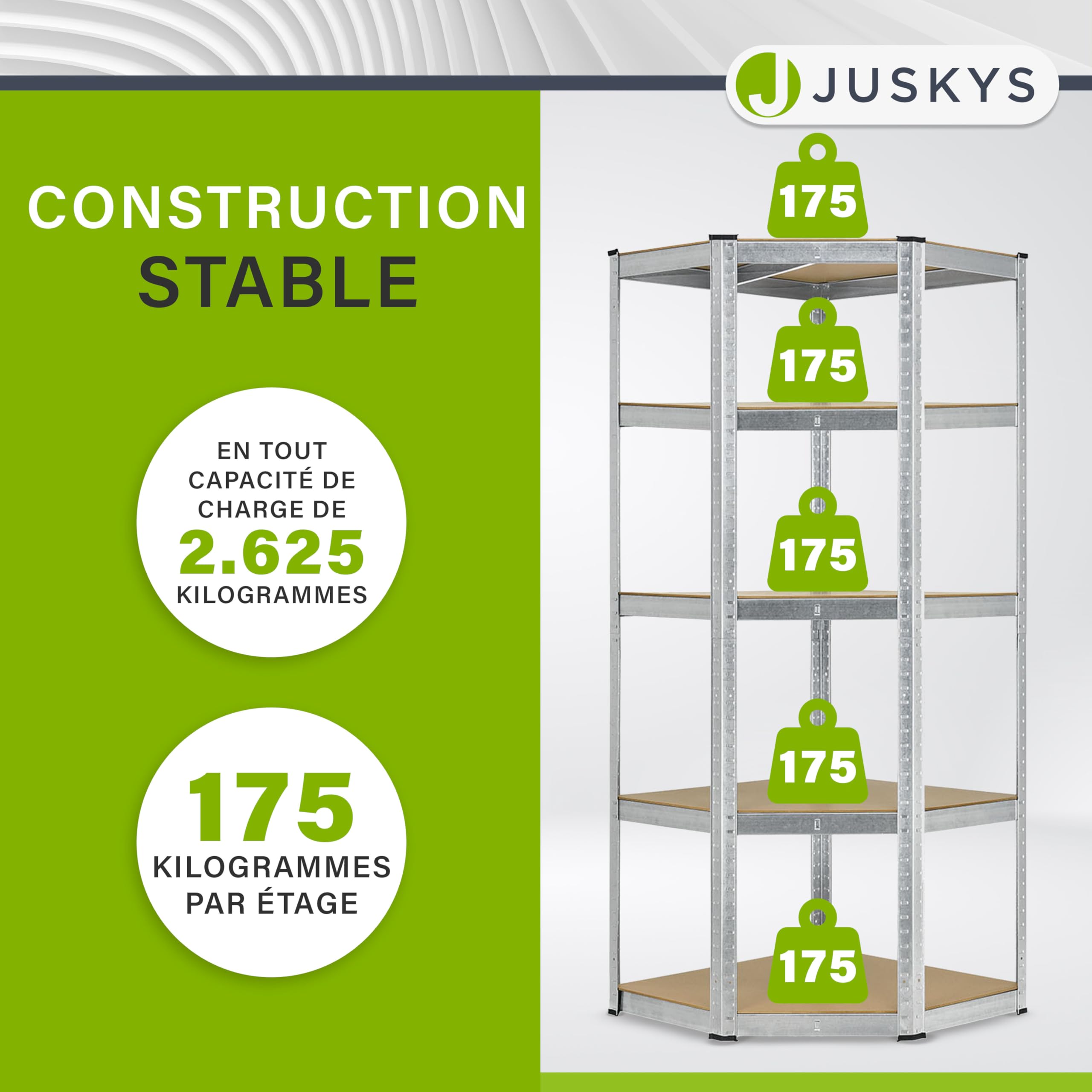 Juskys système de 3 étagères Basic| 1 étagère d'angle et 2 étagères de Stockage | 15 Planches en Bois MDF | 2 625 kg | Étagères pour Charges Lourdes étagère de Stockage étagère de Cave (argenté)
