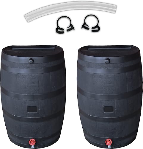 RTS Home Accents 551000805A8081 - Paquete de 2 barriles de lluvia con respaldo plano de 50 galones con kit de eslabones, color negro