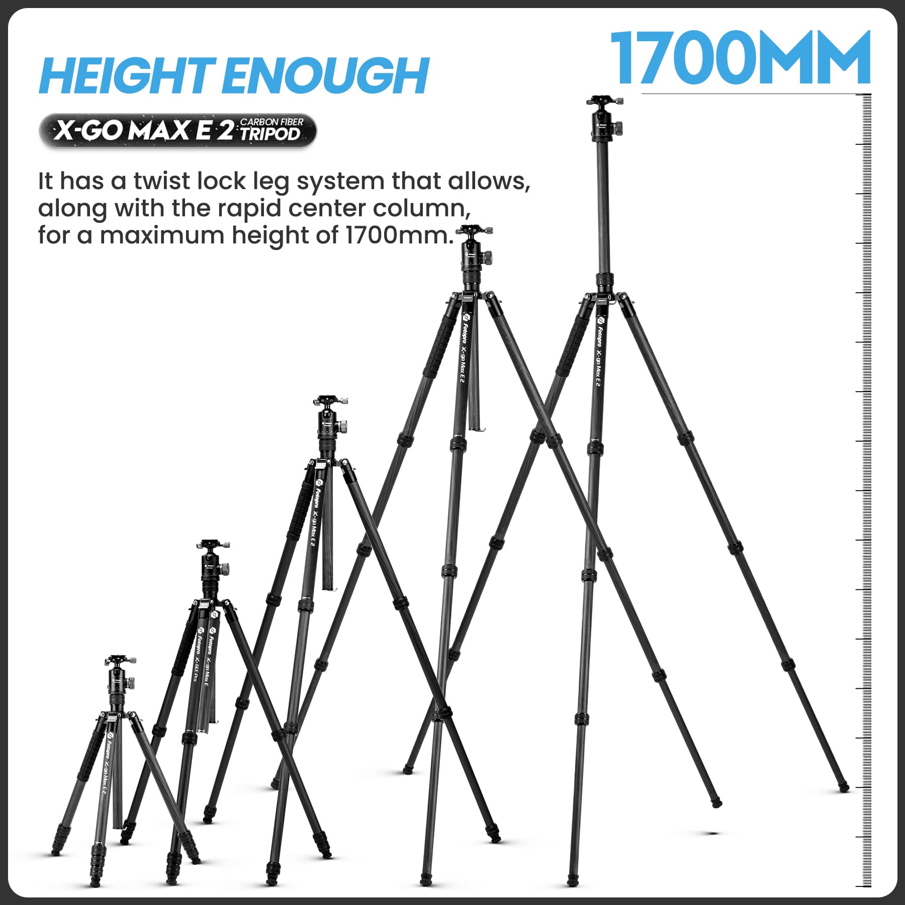 Fotopro Trépied en fibre de carbone de 172,7 cm pour appareil photo, trépied de voyage léger avec tête sphérique, monopode amovible avec plaque à dégagement rapide et sac, charge jusqu'à 12 kg