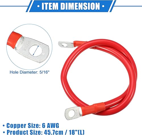 Miniatura 6 de 1 par de cables inversores de batería de cobre, calibre 6 AWG, cable de batería de 18 pulgadas, universal para automóvil, vehículo, RV, aplicación