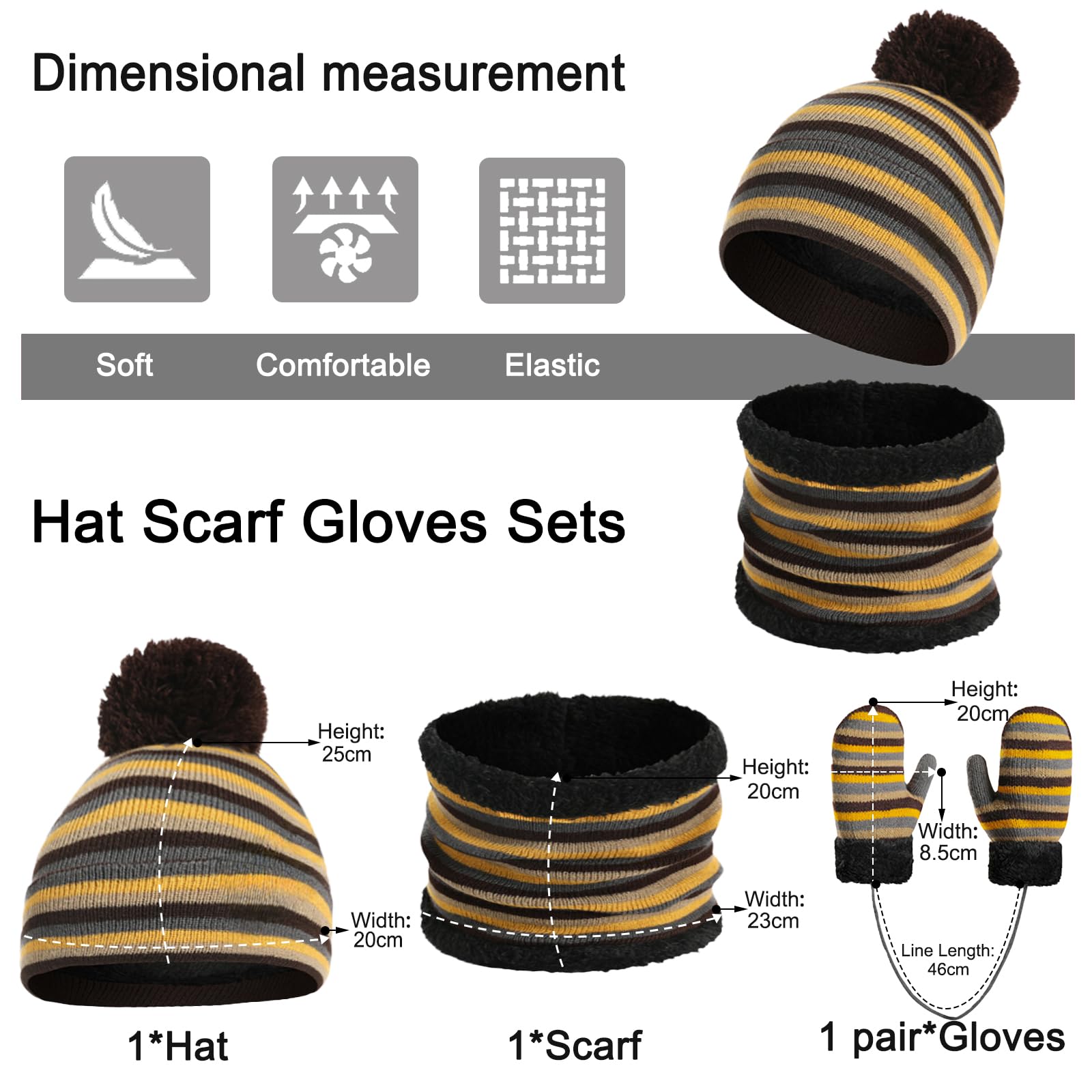 Enfant Bonnet Écharpe et Gants Ensemble Bonnets Tricotés avec Pompon Écharpe d'hiver Chaude Gants écharpe Bonnet Tricot Doublure Épaisse pour Fille Garçon 2-6Ans