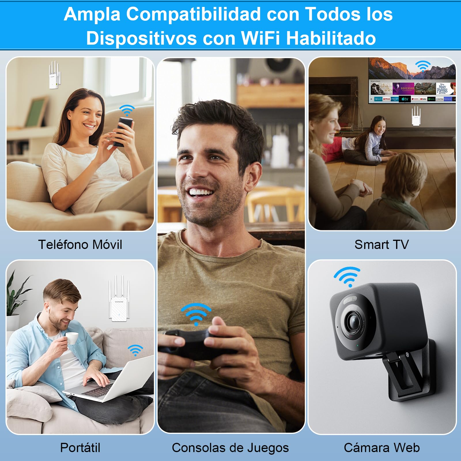 Repetidor WiFi, 1200Mbps Amplificador Señal WiFi Doble Banda 5G/2.4G con 4 Antenas Externas, 3 Modos(Repetidor/Router/Ap), Puerto Ethernet, WPS/MU-MIMO, Luz Indicadora, Interior, Enchufe EU