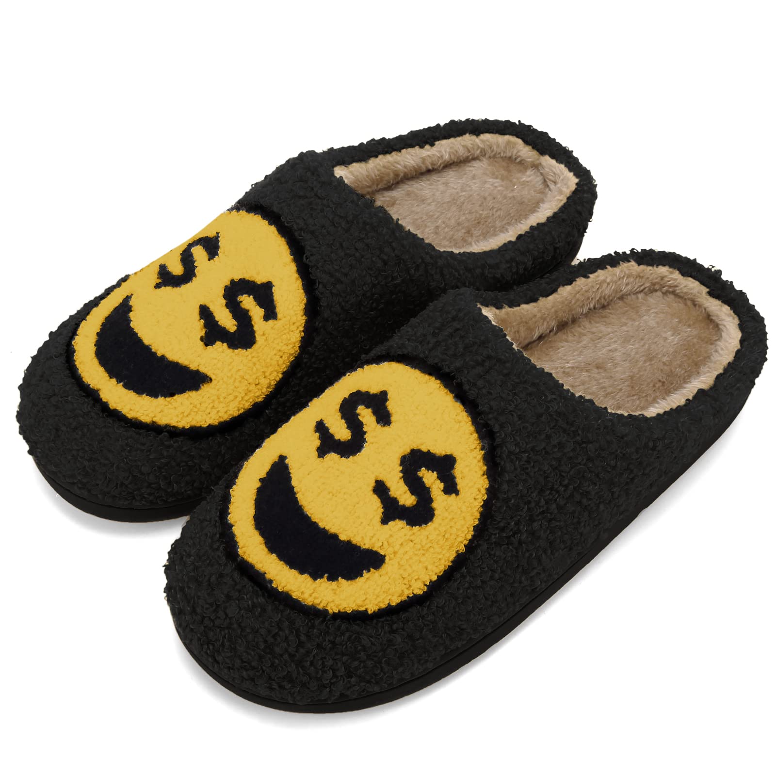 PowshinnoSlippers for Women Men Indoor Outdoor Memory Foam,Funny Dollar Sign Slippers Winter Fleece Linning Non Slip Money Face House Shoes for Gifts