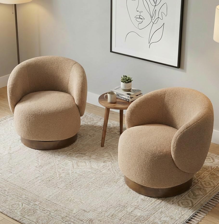 Image of KISLOT Swivel Accent Chair Round Barrel Armchair Upholstered Performance Fabric for Living Room Bedroom Waitingroom,1 Box,Sand-Boucle
