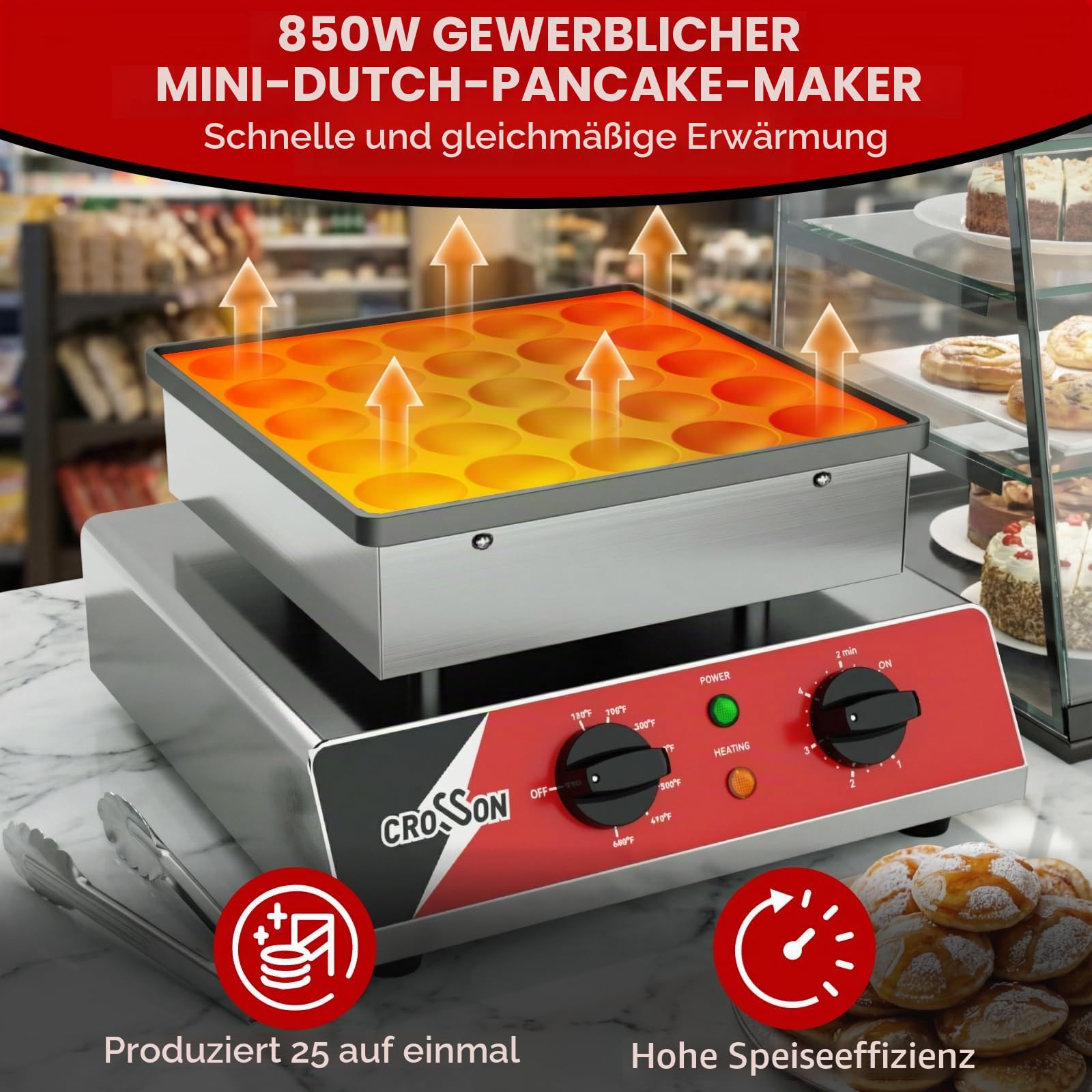 CROSSON 25 Loch Mini Pfannkuchenmaker Kommerzielle mit 43 mm Durchmesser,Dutch Muffin Waffeleisen Nicht Haftende Dorayaki-Backmaschine,5-Minuten-Timer und Temperatur von 60-250℃,230V/850W